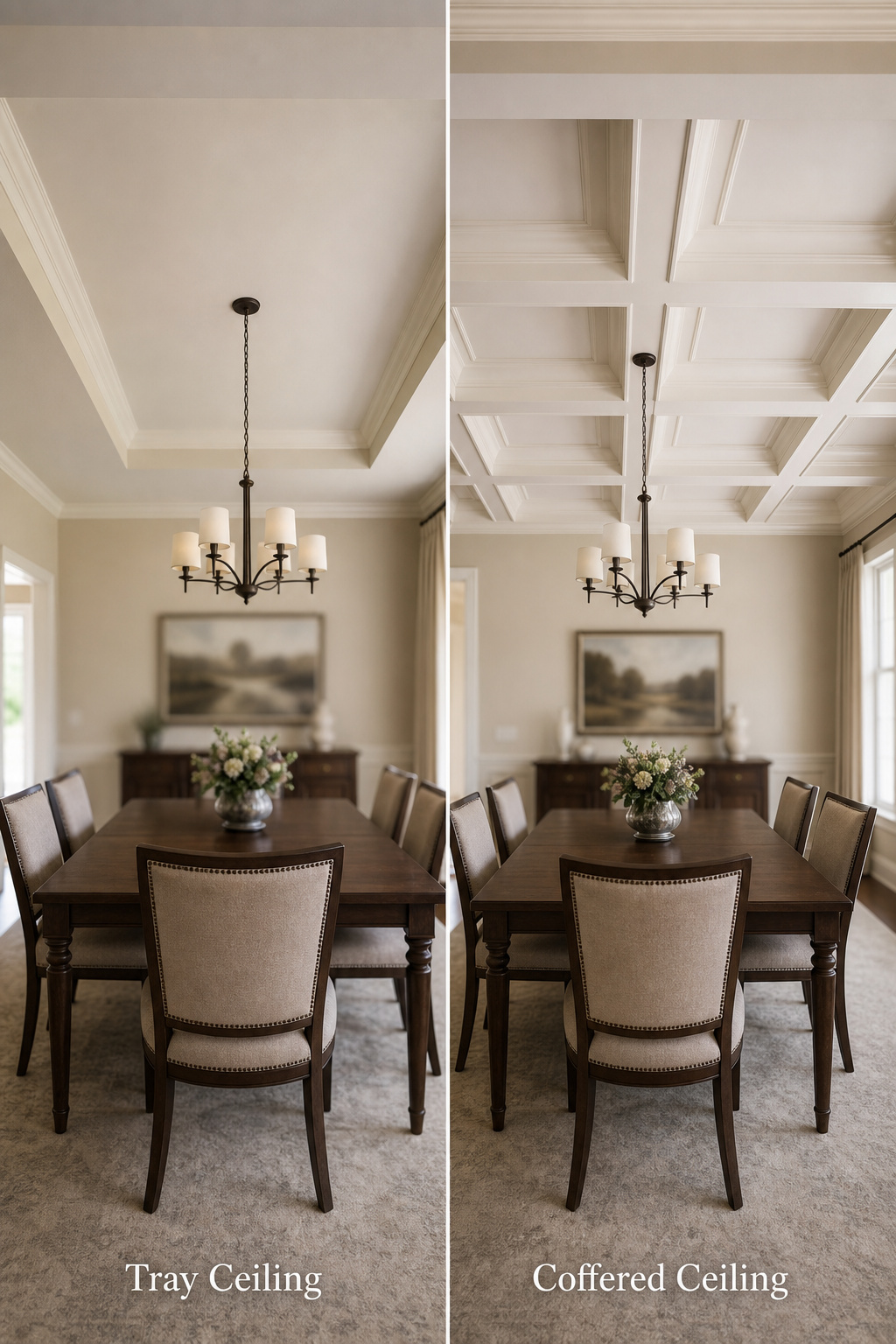 Side-by-side comparison of a tray ceiling with one recessed centre step on the left and a coffered grid ceiling with multiple recessed panels on the right, both in formal dining rooms