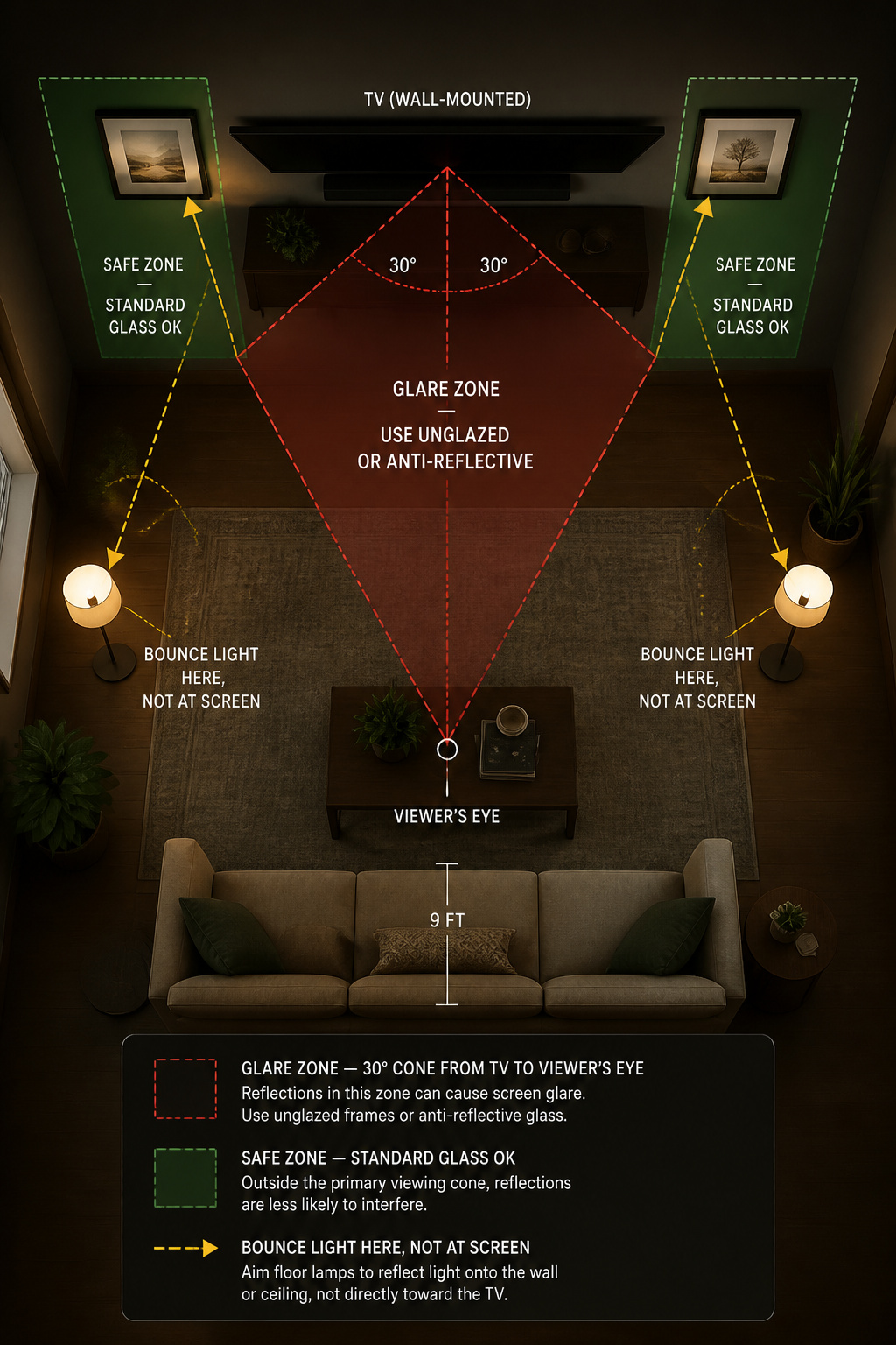Top-down diagram showing TV viewing cone glare zones and safe placement areas for glass-fronted frames in a living room gallery wall
