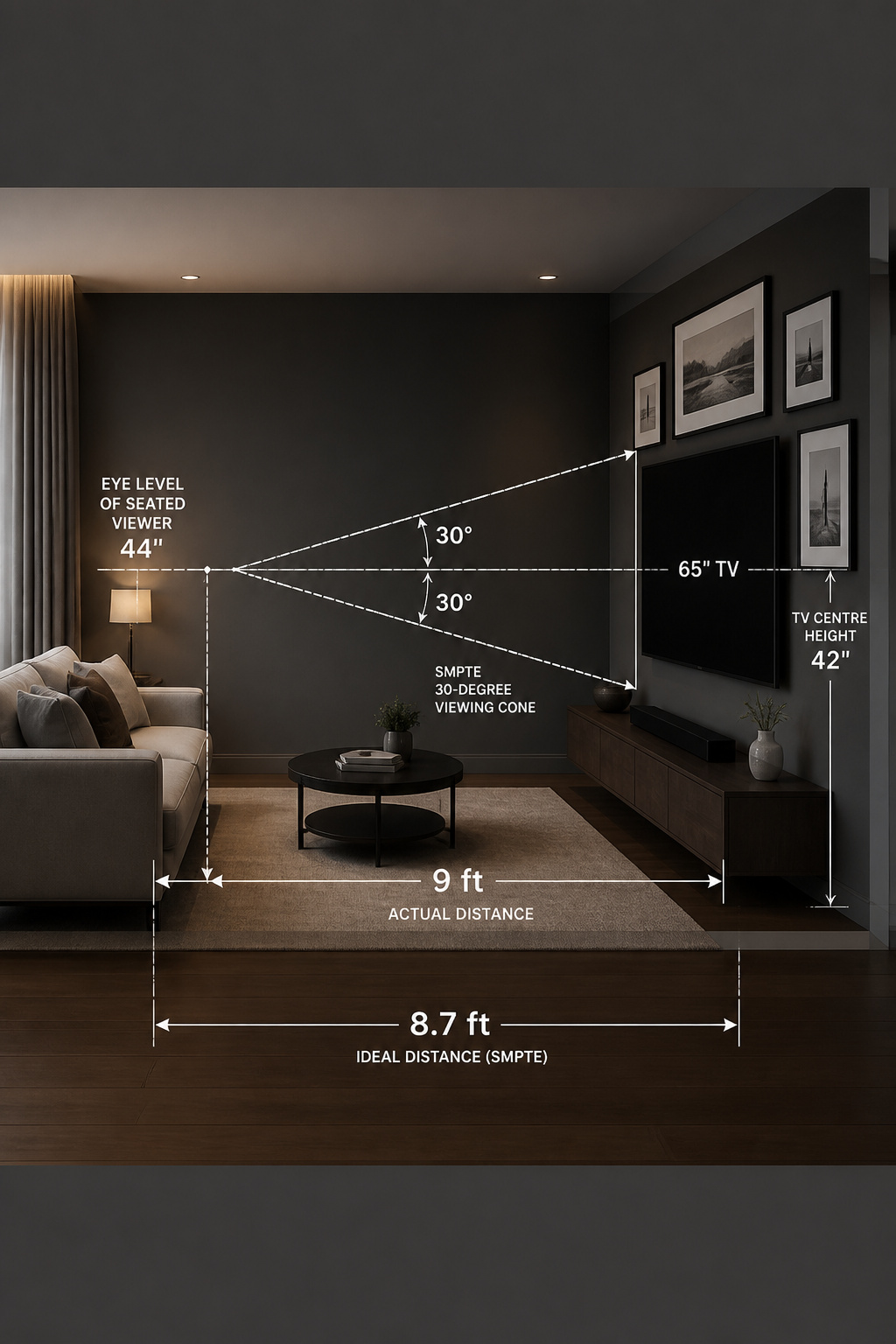 Diagram showing TV mounting height at 42 inches and SMPTE 30-degree viewing distance for a 65-inch screen with gallery wall composition around it