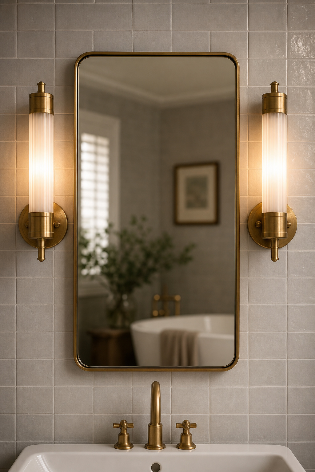 Pair of brushed brass bathroom wall sconces mounted symmetrically at eye level flanking a rectangular bathroom mirror providing shadow-free face lighting