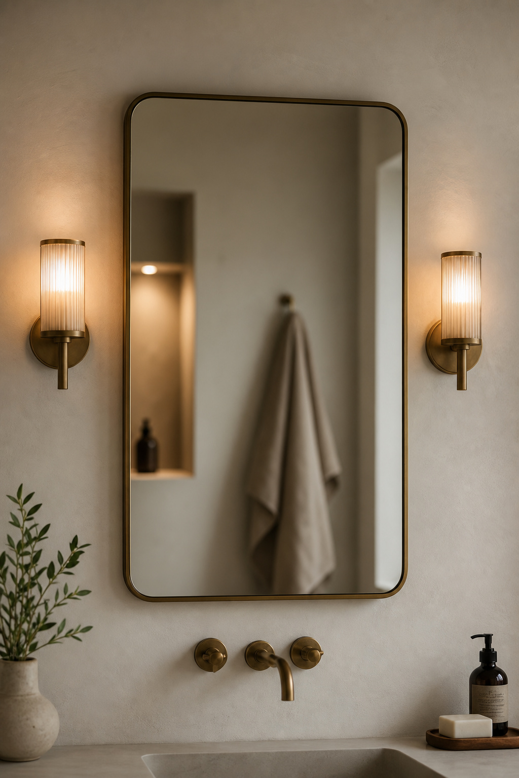 Bathroom mirror flanked by warm wall sconces at eye level providing cross-illumination as the task lighting layer