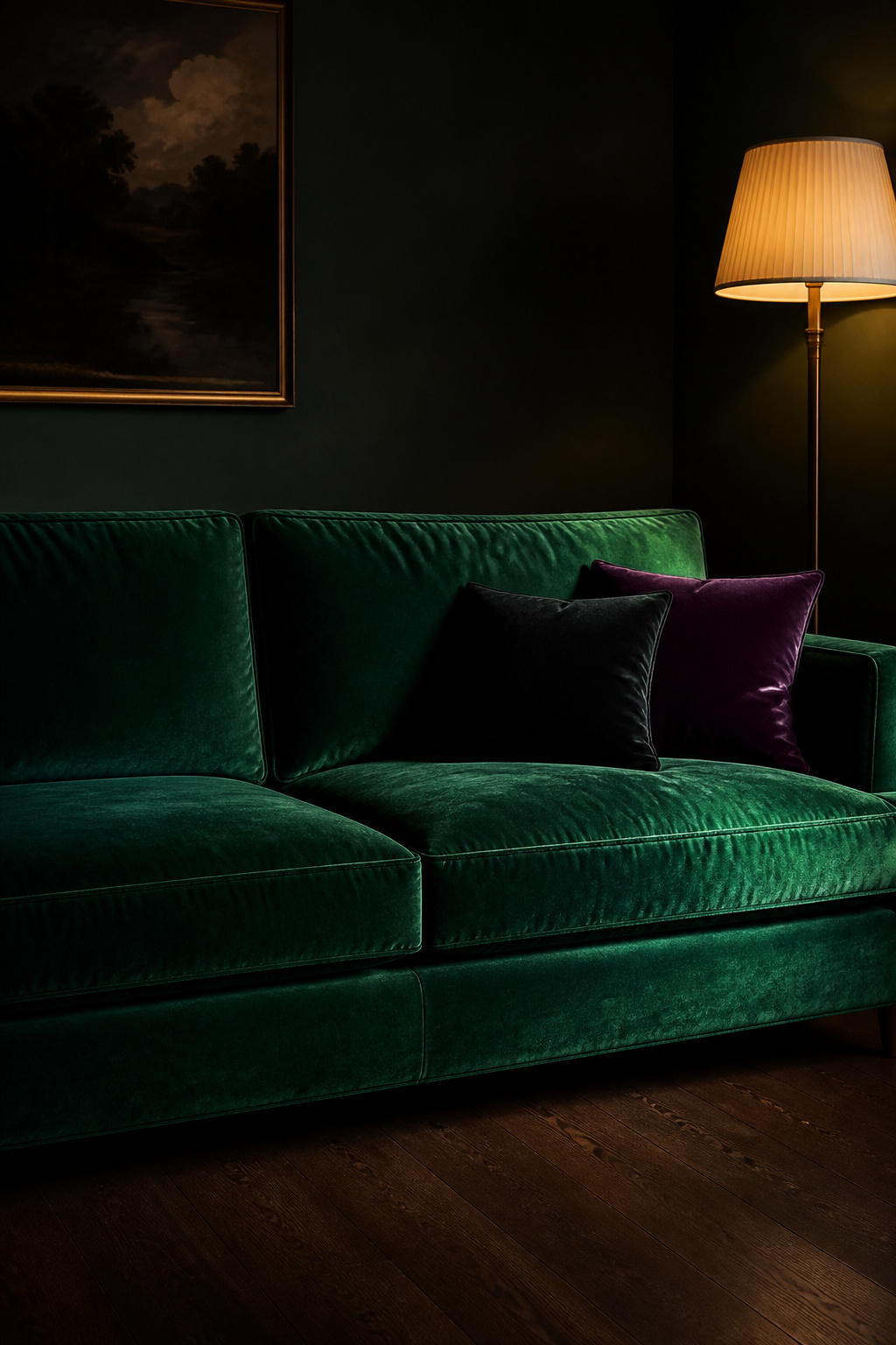 Emerald velvet sofa showing jewel-toned nap sheen from warm floor lamp in a deep charcoal-green moody living room