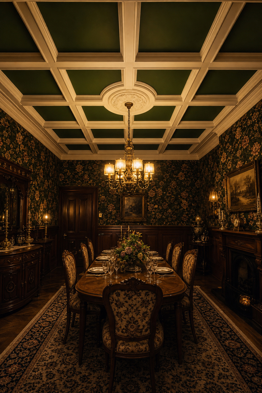 Victorian dining room with deep forest green coffered ceiling, white plaster detail, and formal chandelier