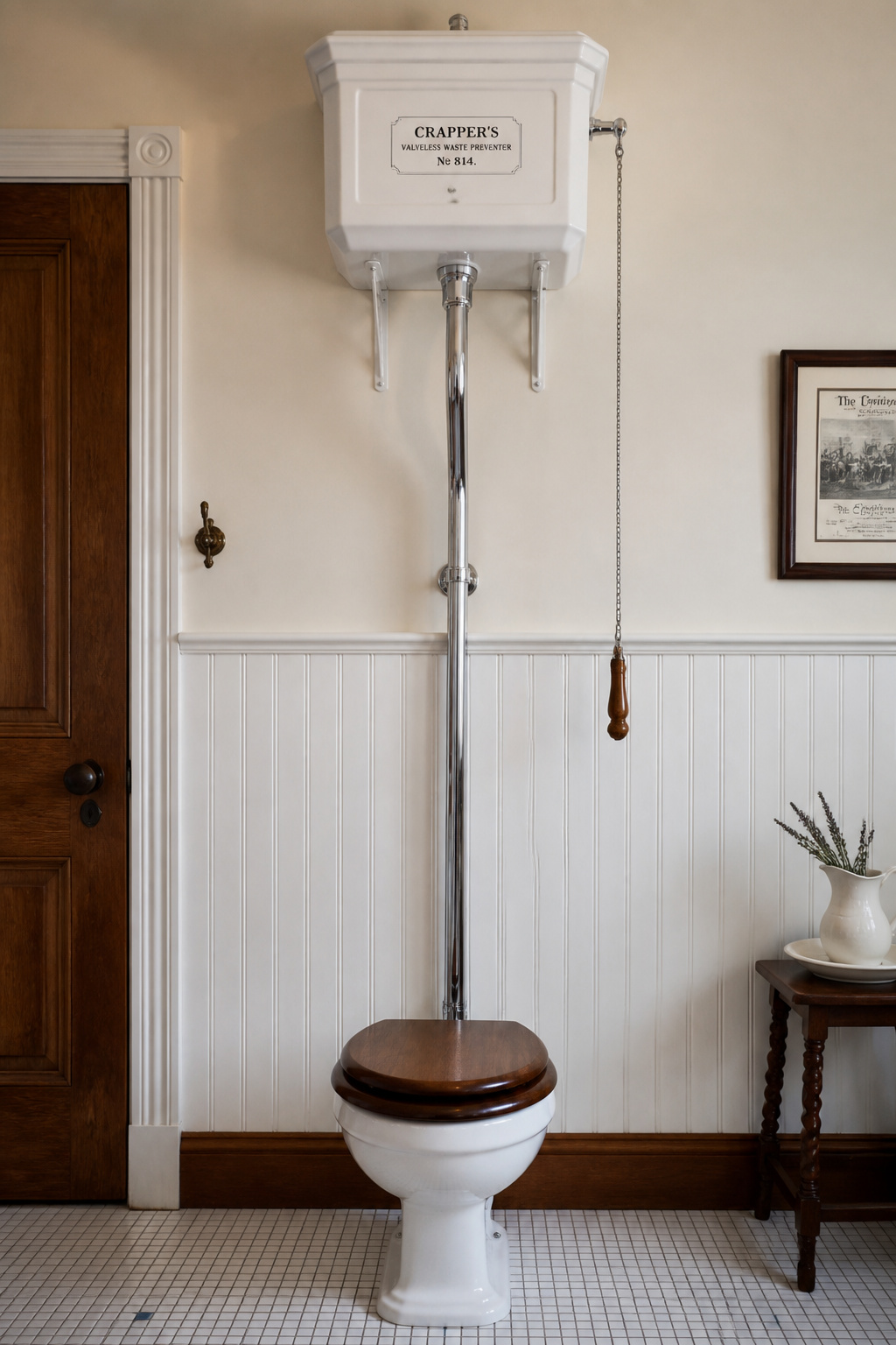 White vitreous china high-tank pull-chain toilet with chrome L-pipe hardware and wooden seat in a Victorian-style bathroom