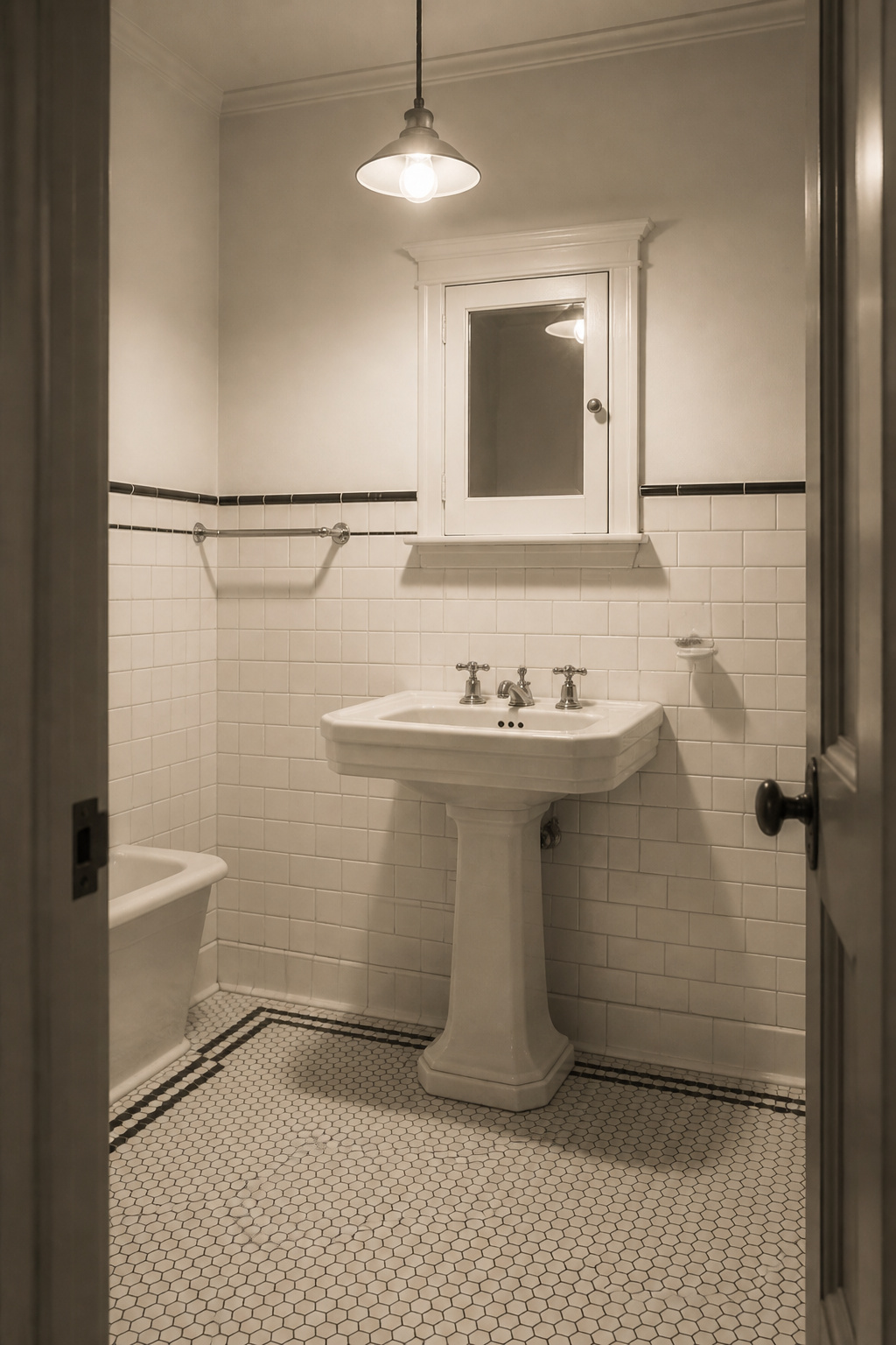1920s bathroom with white hex mosaic floor, subway tile walls, and white pedestal sink showing the era's sanitary black-and-white palette