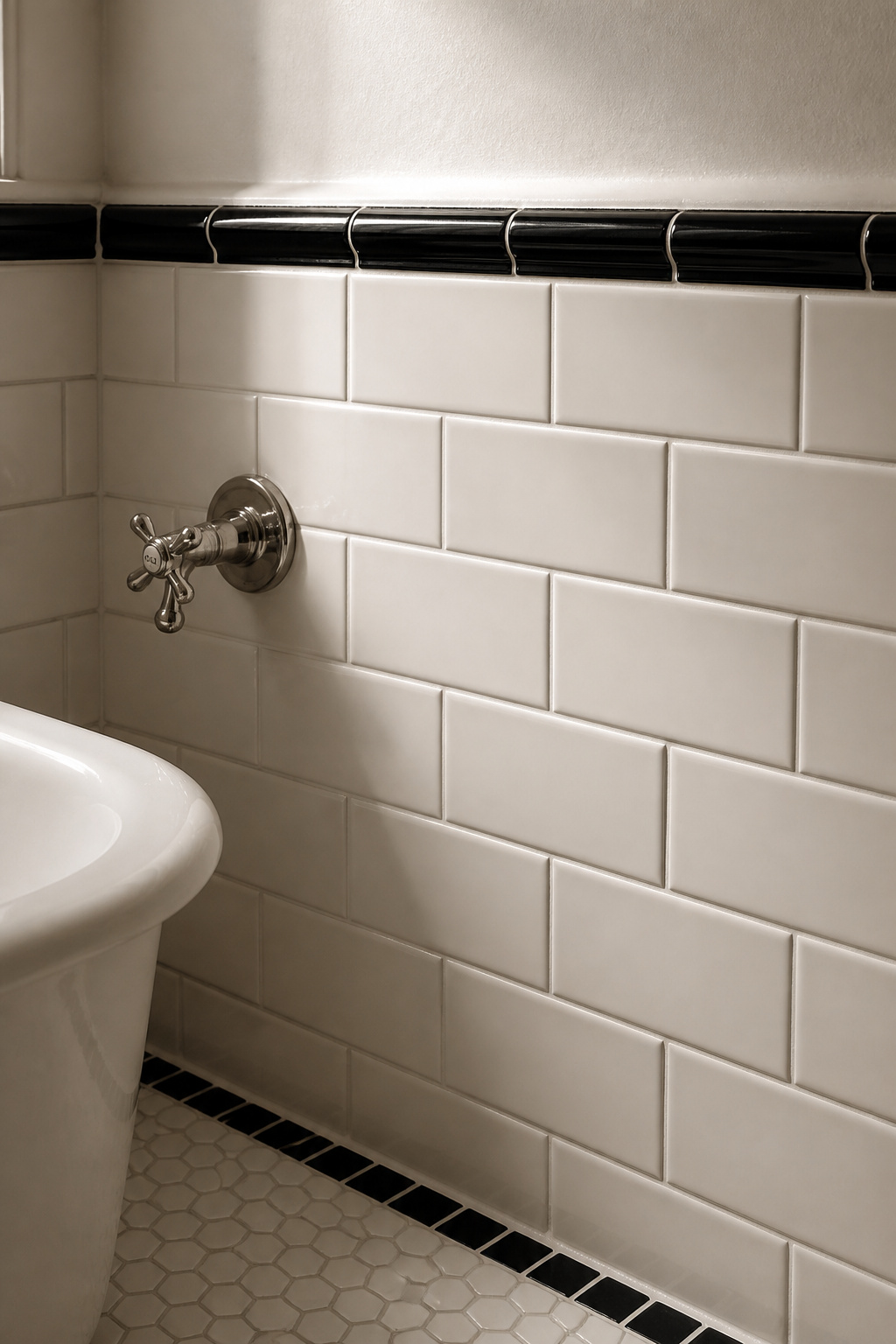 Edwardian bathroom detail showing warm ivory subway tile with black cap rail and white hex floor border