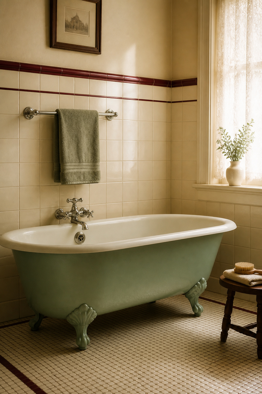 1930s vintage bathroom with dusty jade-green cast-iron tub, cream ceramic wall tiles, and burgundy accent stripe in inter-war palette