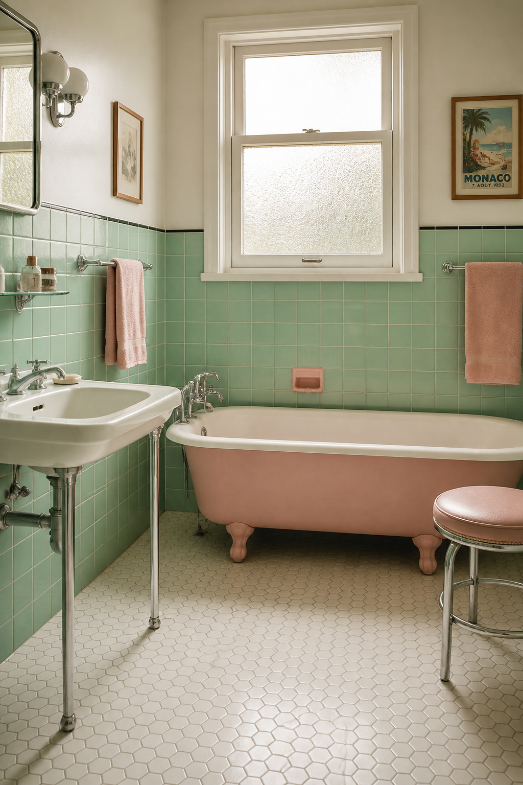 1950s bathroom with mint green wall tiles, blush pink cast-iron tub, and white hex floor showing authentic post-war pastel palette