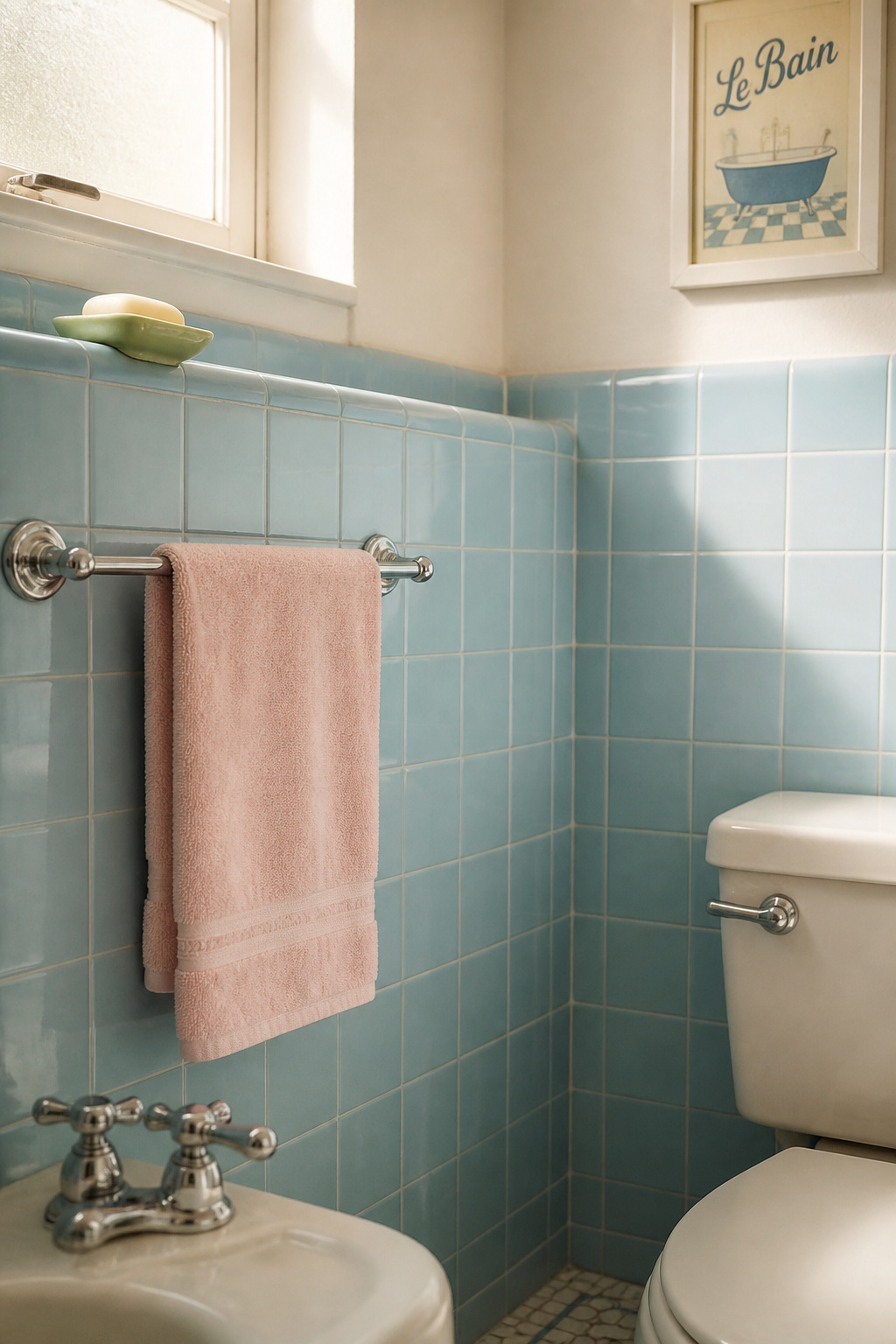 1950s vintage bathroom with powder-blue 4x4 tile, chrome fixtures, and mint-green accessories — period-accurate mid-century pastel palette