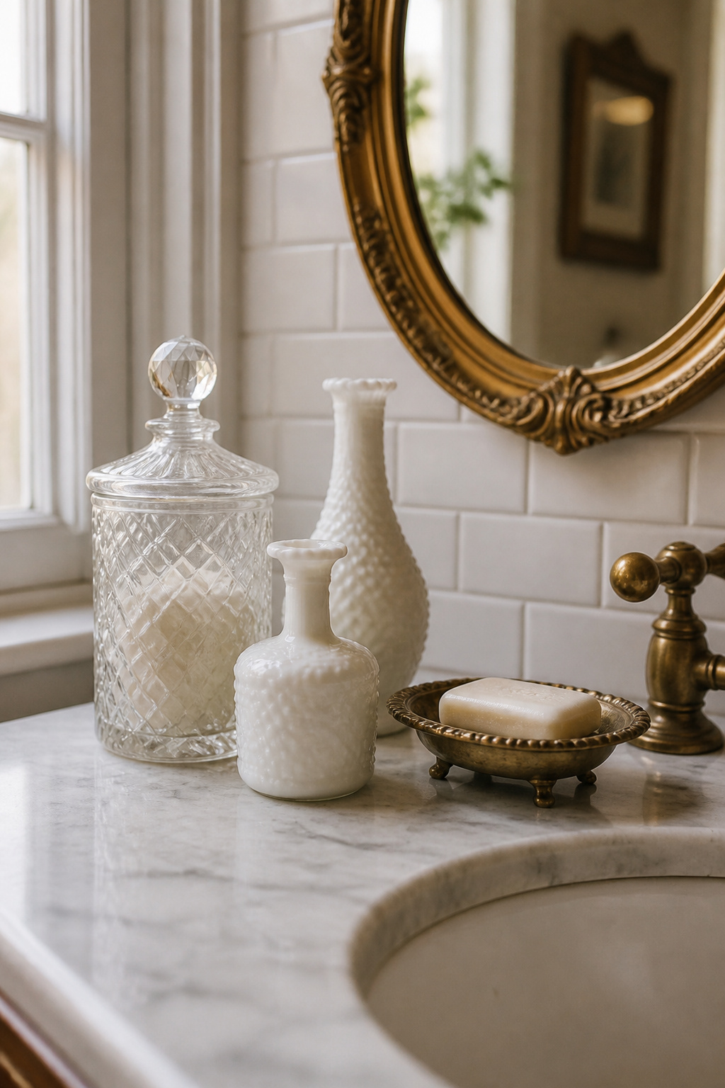 Vintage bathroom countertop styled with apothecary jar, milk-glass vessels and brass soap dish in front of gilded oval mirror