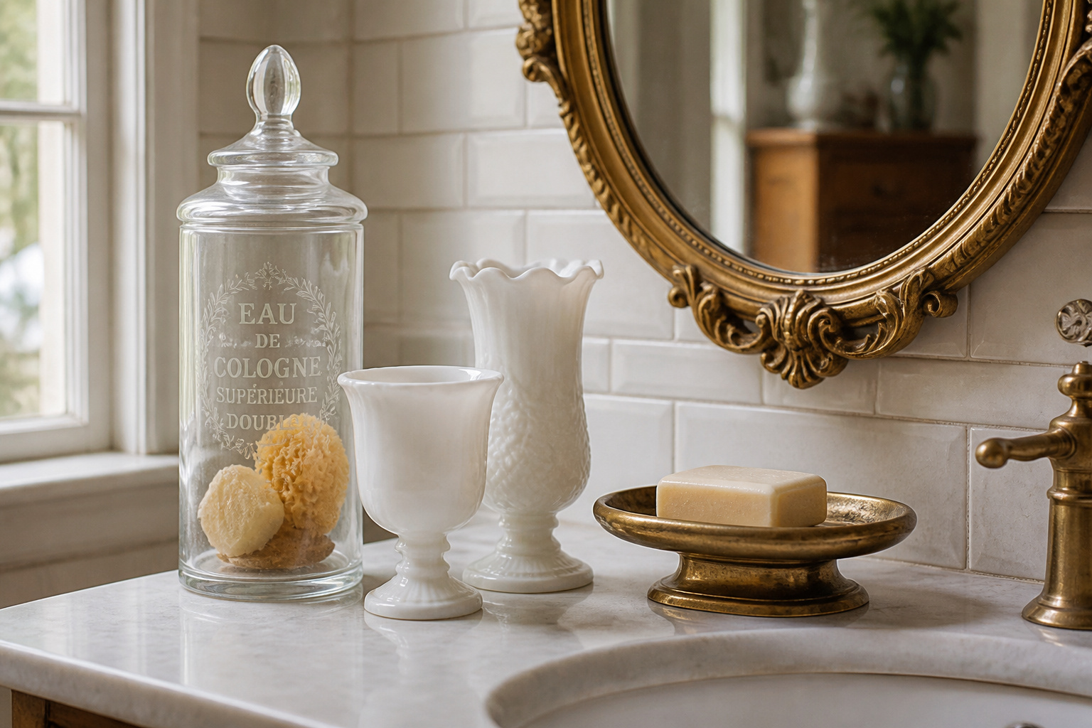 Vintage bathroom countertop styled with apothecary jar, milk-glass vessels and brass soap dish in front of gilded oval mirror