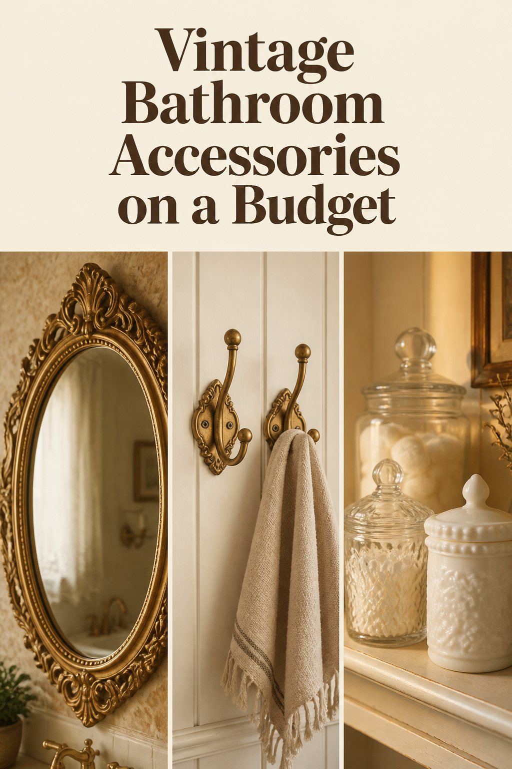 Three-panel Pinterest collage: gilded oval mirror, brass towel hooks with fringed linen towel, and apothecary glass jars styled on a shelf