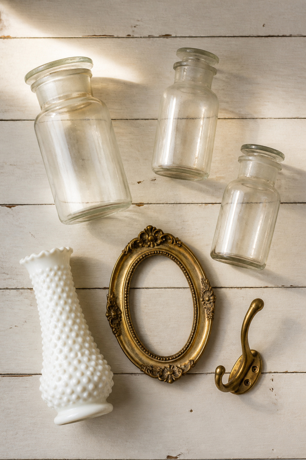 Flat-lay of thrifted vintage bathroom accessories including apothecary jars, milk-glass vase, and brass hook on white wood surface