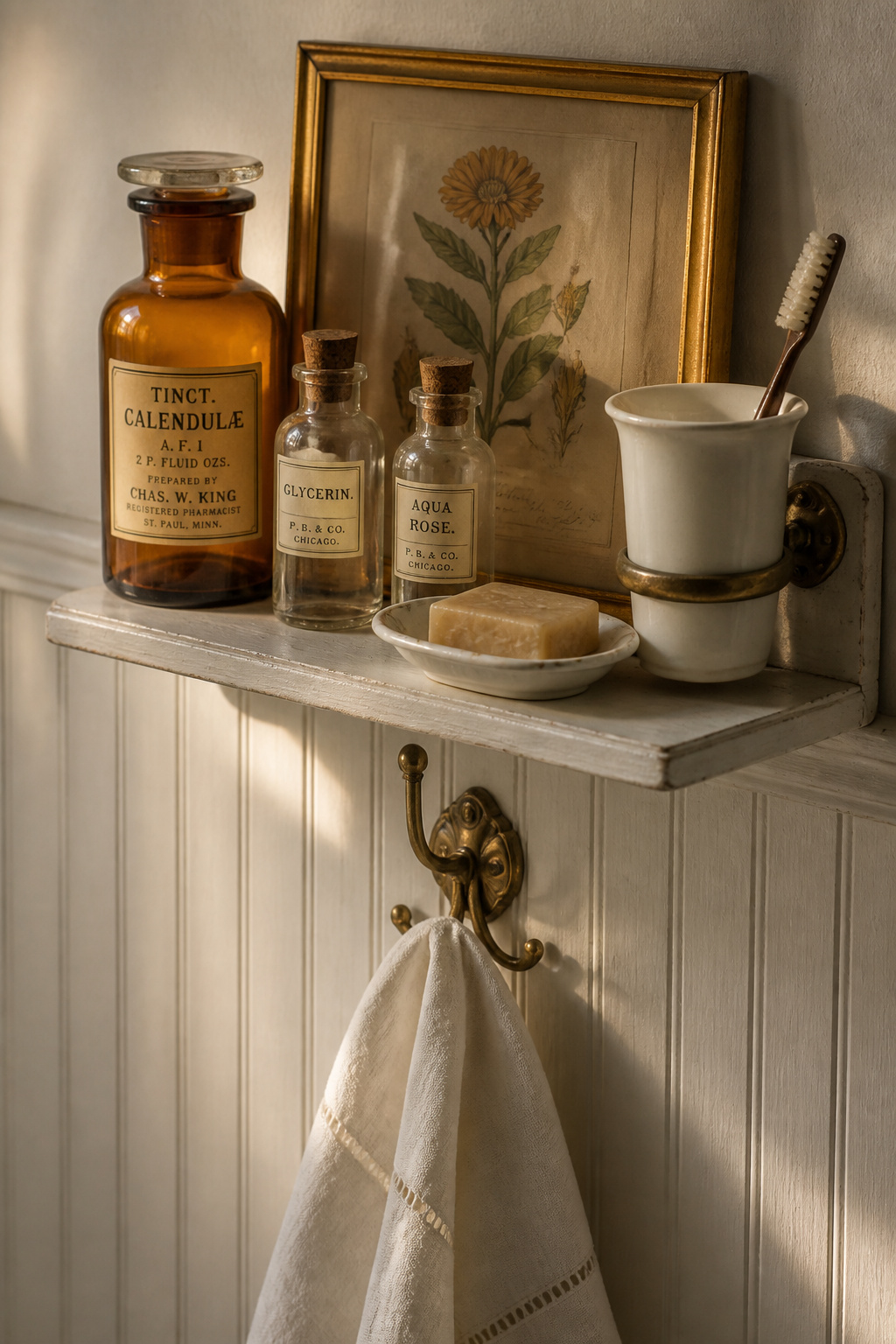 Vintage bathroom accessory shelf with amber apothecary jars, cork-stopper medicine bottles, white ceramic toothbrush holder and brass hook with linen hand towel