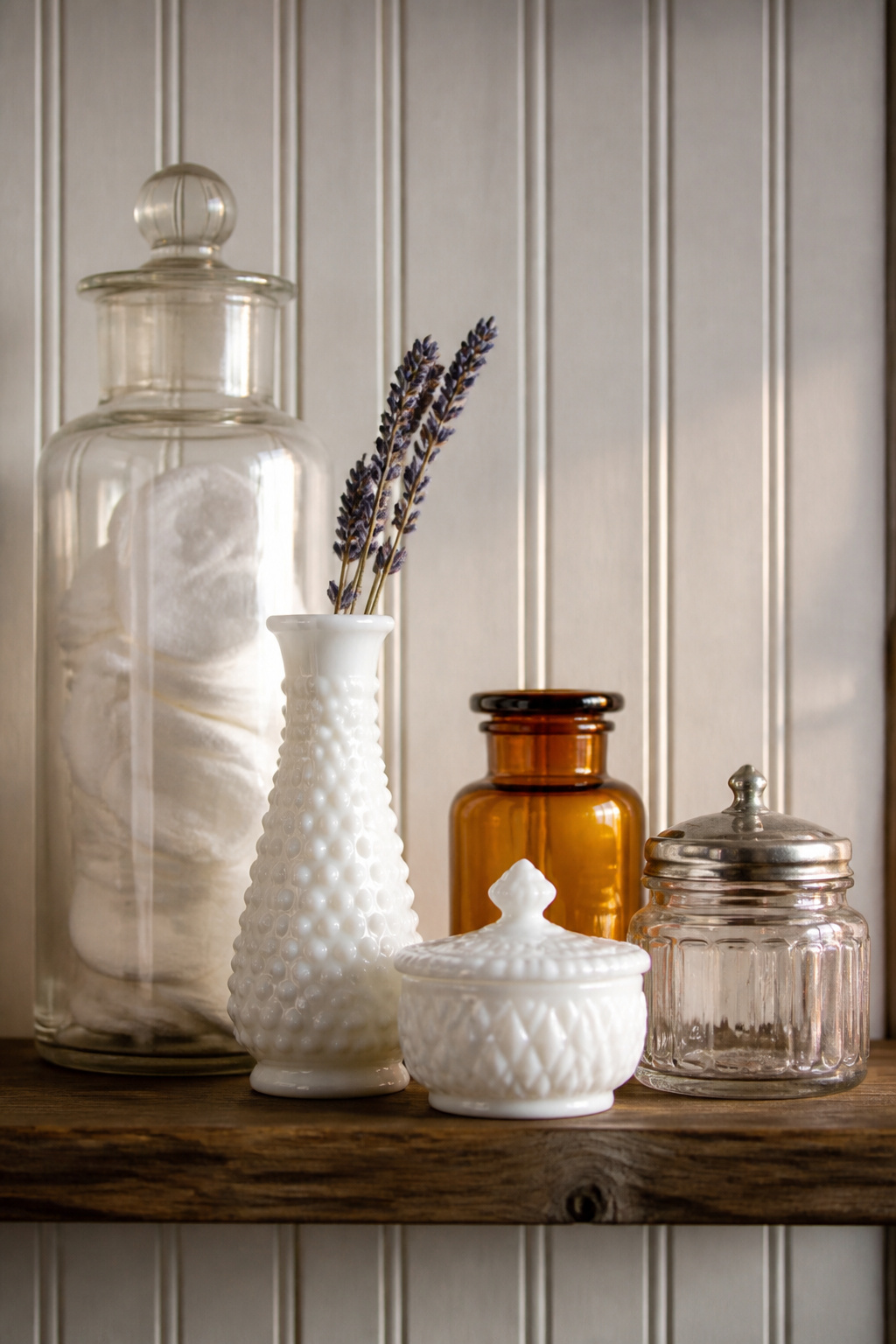 Five vintage glass jars on a bathroom shelf: apothecary jar with cotton rounds, hobnail milk-glass vase, lidded milk-glass dish, and two accent jars