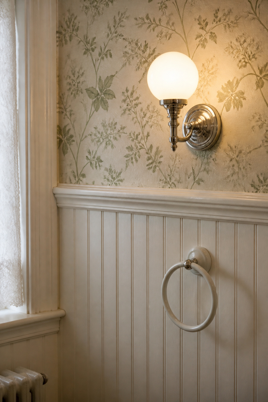 Vintage bathroom wall showing white beadboard wainscot to 34 inches with botanical floral wallpaper in sage green and ivory above chair rail — 1930s period-accurate wall treatment