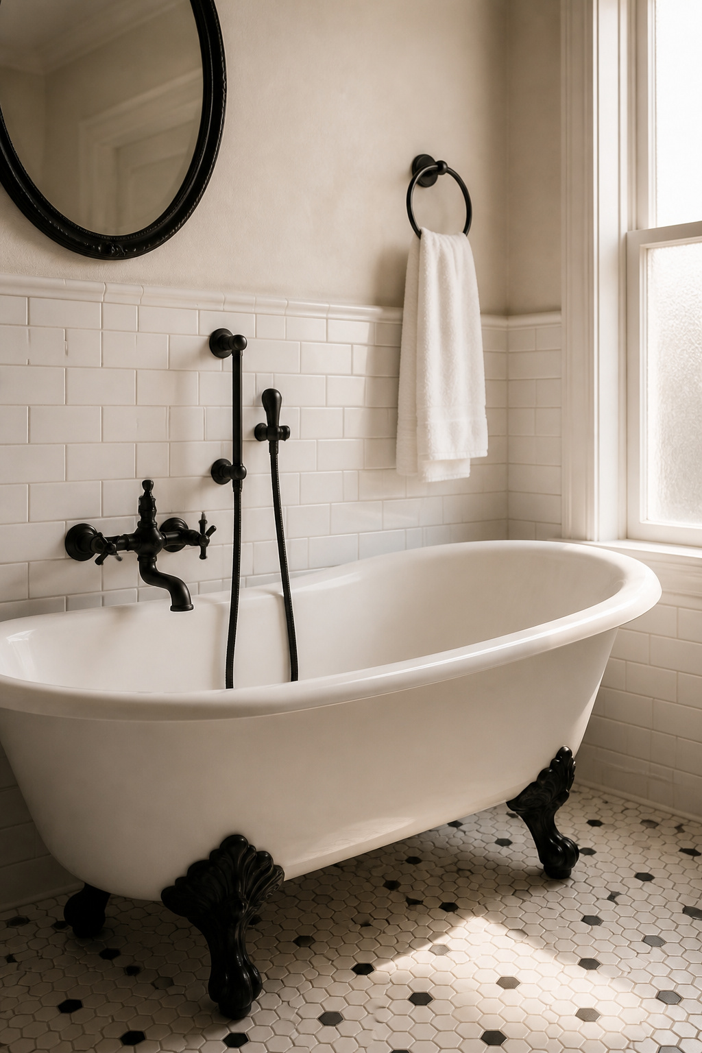 White cast-iron clawfoot tub with matte-black ball-and-claw feet and cross-handle faucet set against white subway tile wainscot and hex floor — modern vintage bathroom contrast