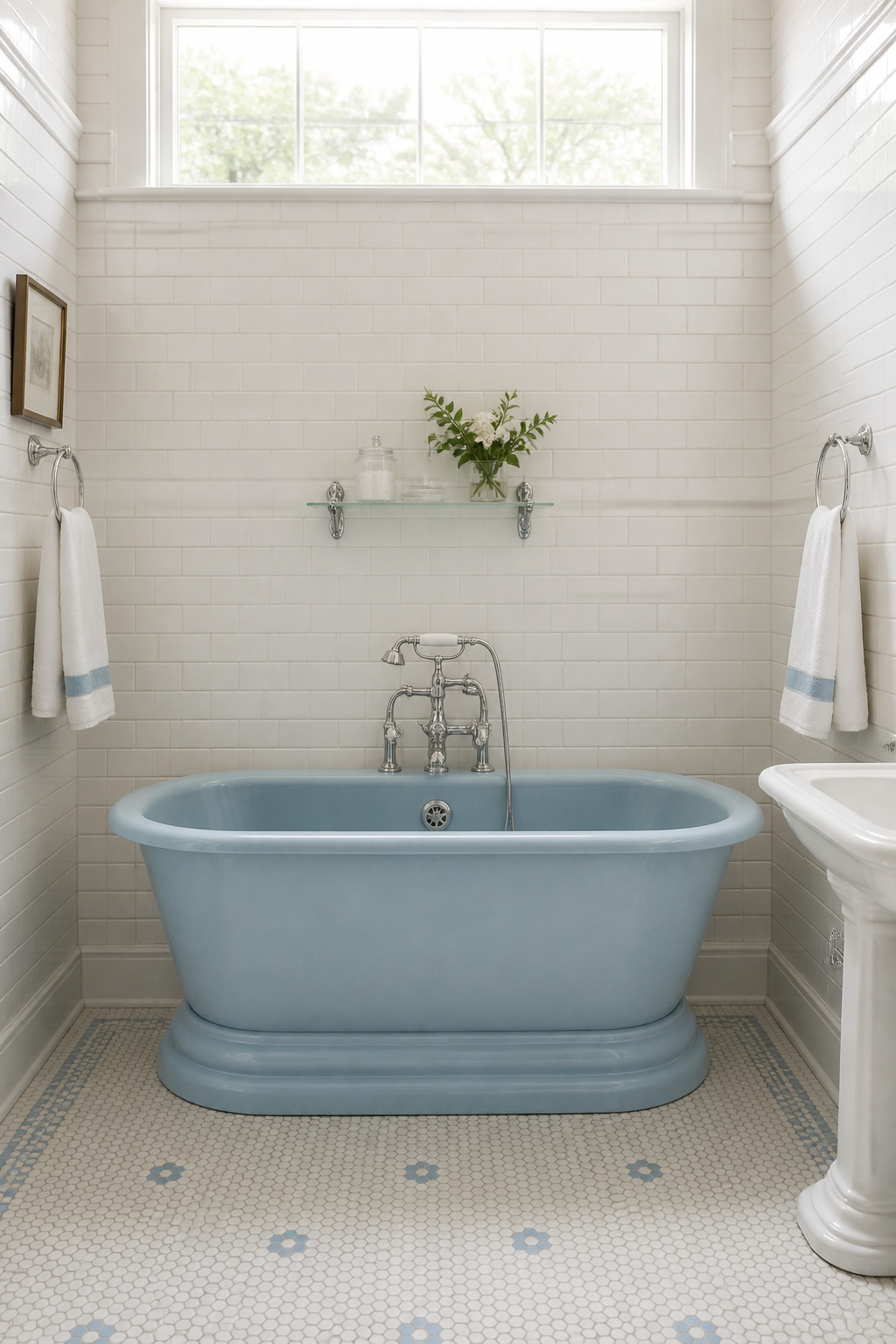 Vintage bathroom with white tile as dominant surface, powder-blue bathtub as secondary colour, and chrome accents showing 60-30-10 proportion rule