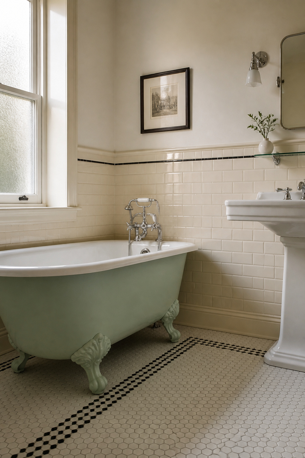 Restored 1950s bathroom with mint-green cast-iron tub, white hex floor tile, and ivory subway walls showing authentic vintage bathroom colors