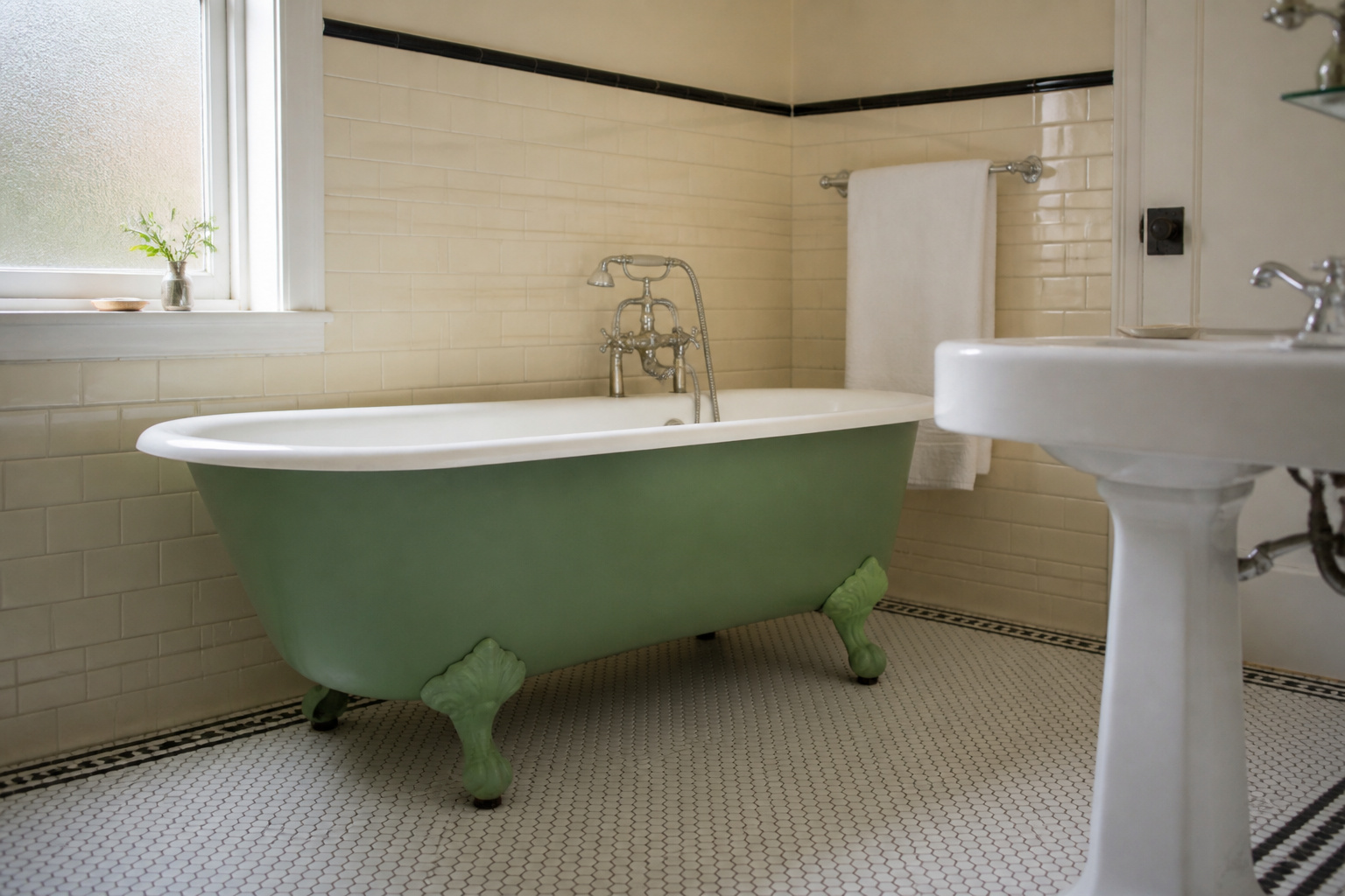 Restored 1950s bathroom with mint-green cast-iron tub, white hex floor tile, and ivory subway walls showing authentic vintage bathroom colors