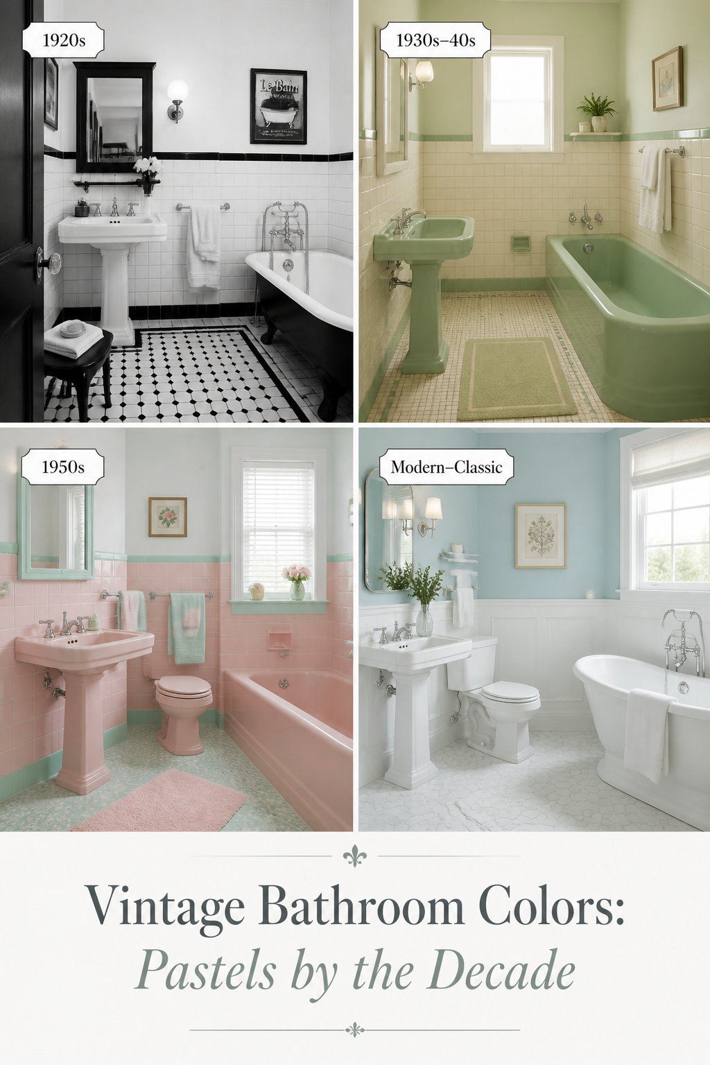 Four-panel collage showing vintage bathroom color palettes by decade from 1920s black-and-white to 1950s pastels