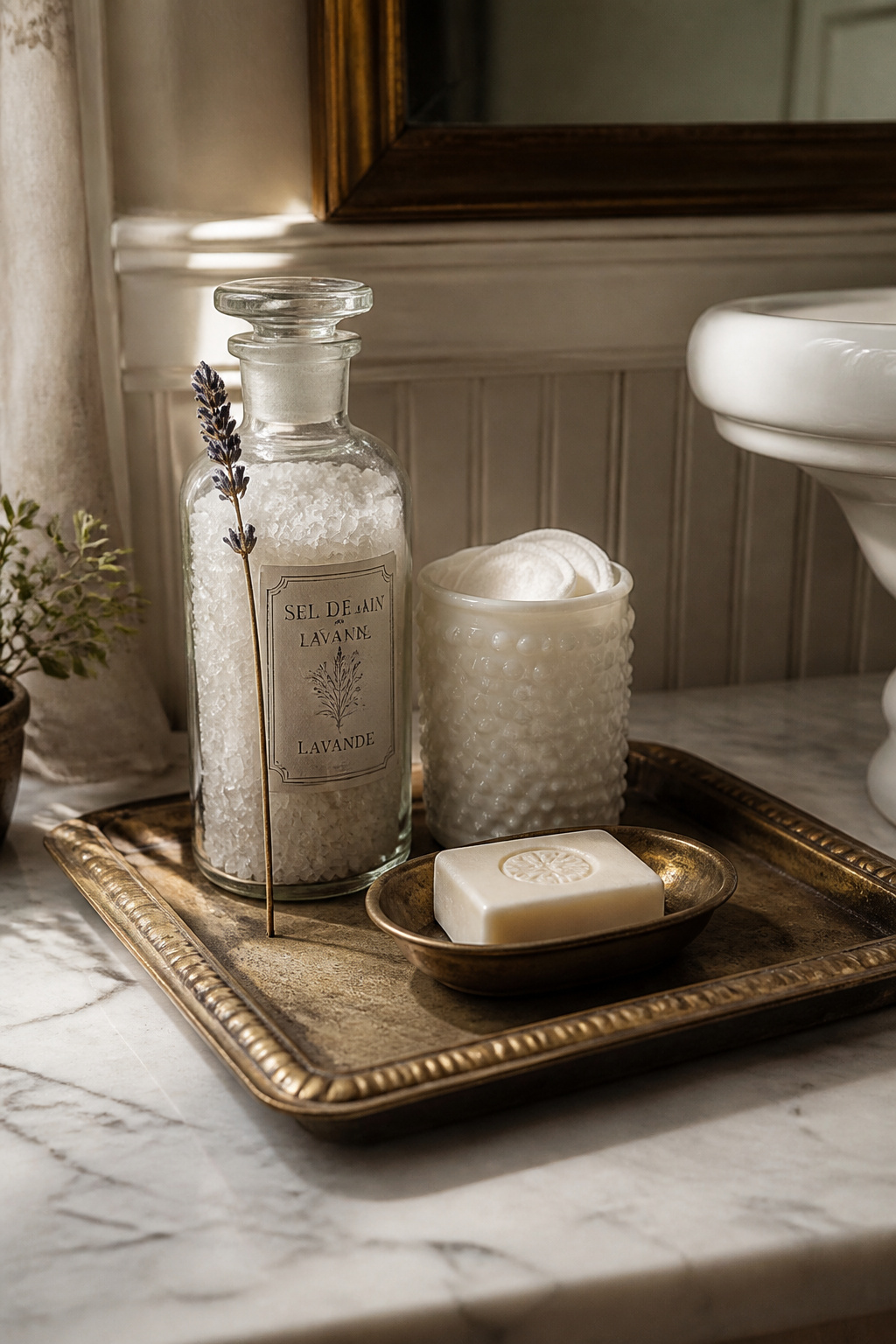 Pressed-metal tray on white marble bathroom counter holding apothecary jar, hobnail milk-glass jar with cotton rounds, and brass soap dish