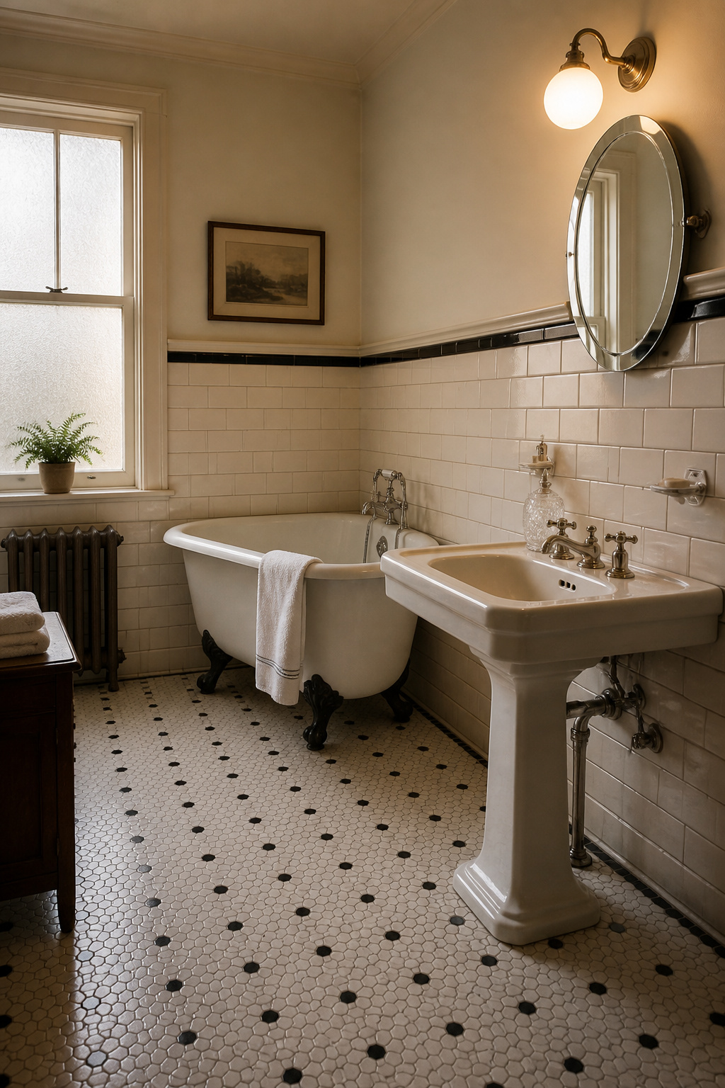 Period-authentic vintage bathroom with white subway tile wainscot, hex floor tile, pedestal sink with cross-handle faucets and freestanding clawfoot tub in morning light