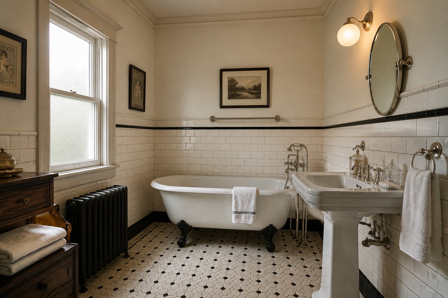 Period-authentic vintage bathroom with white subway tile wainscot, hex floor tile, pedestal sink with cross-handle faucets and freestanding clawfoot tub in morning light