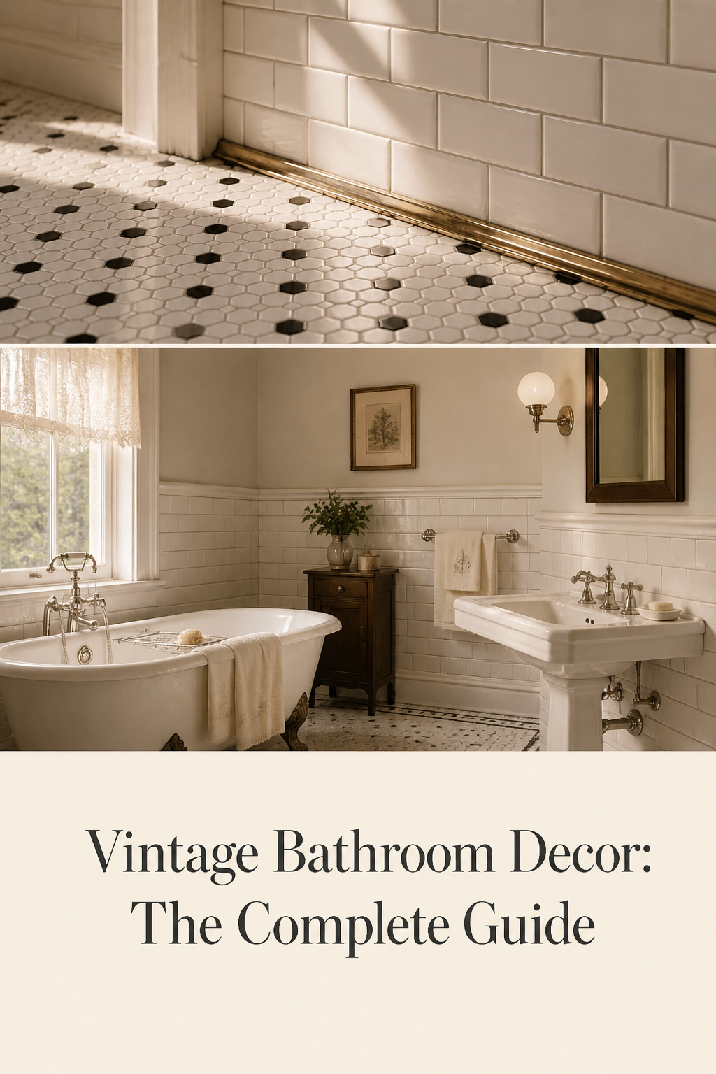 Pinterest collage showing vintage bathroom with hex floor tile, subway wainscot, clawfoot tub and pedestal sink in period-authentic styling