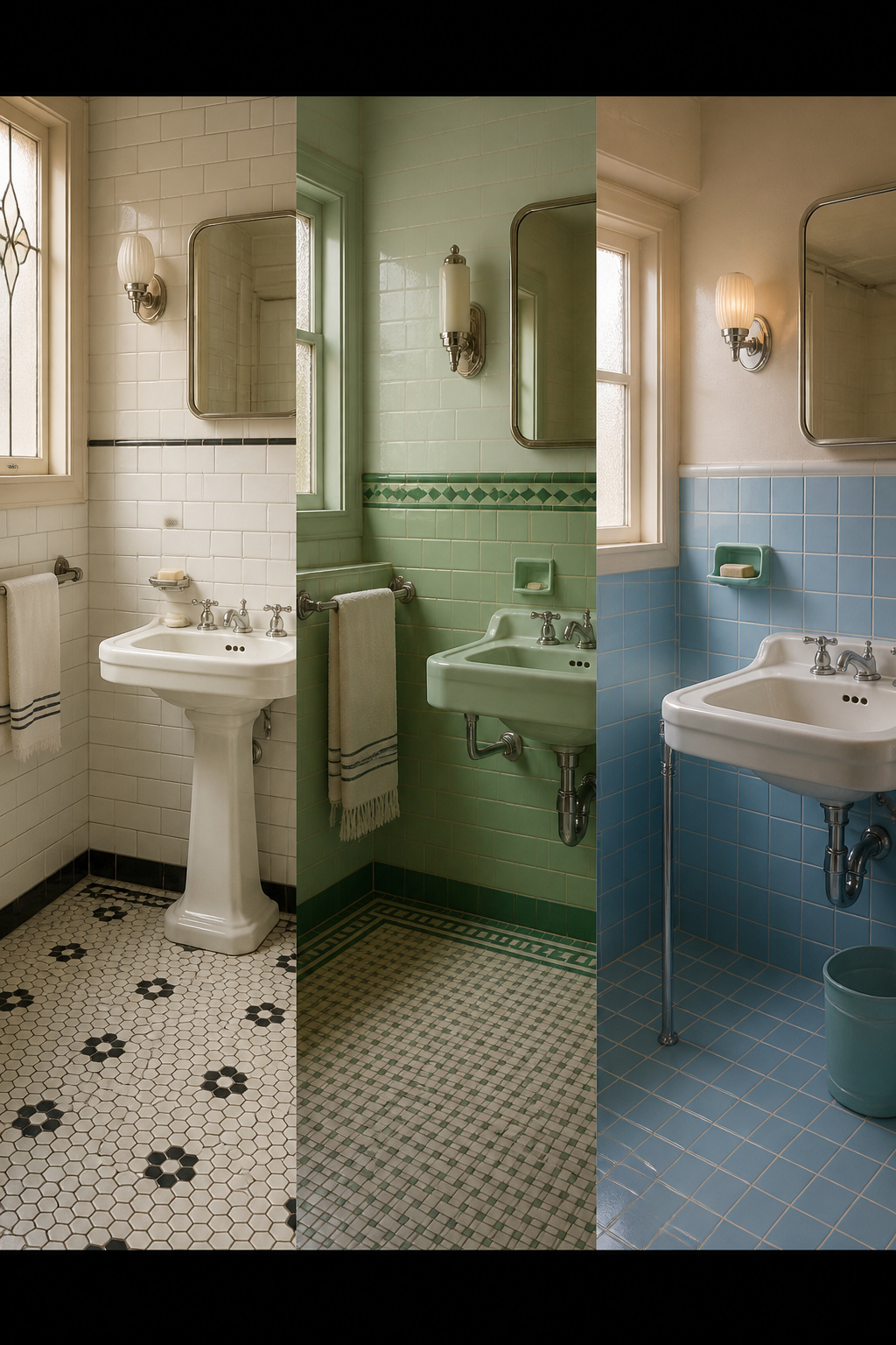 Side-by-side comparison of 1920s black-and-white hex tile, 1930s sea-green subway tile, and 1950s powder-blue 4x4 tile showing how bathroom palettes changed by decade