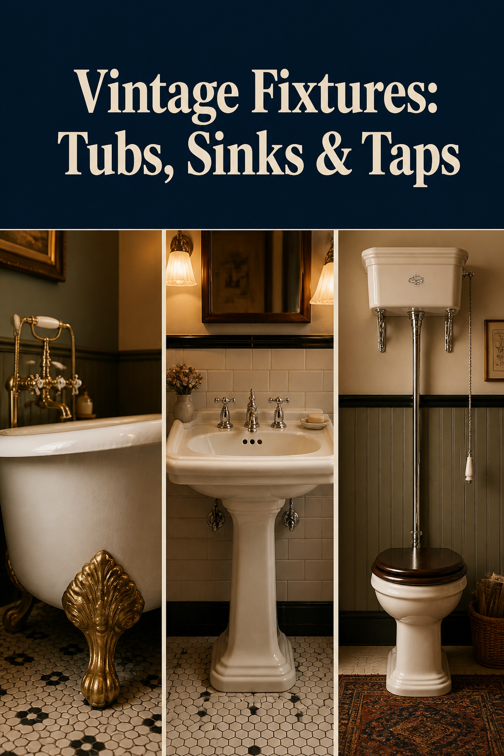 Three-panel vintage bathroom fixtures collage showing brass clawfoot tub feet, pedestal sink with cross-handle taps, and pull-chain toilet