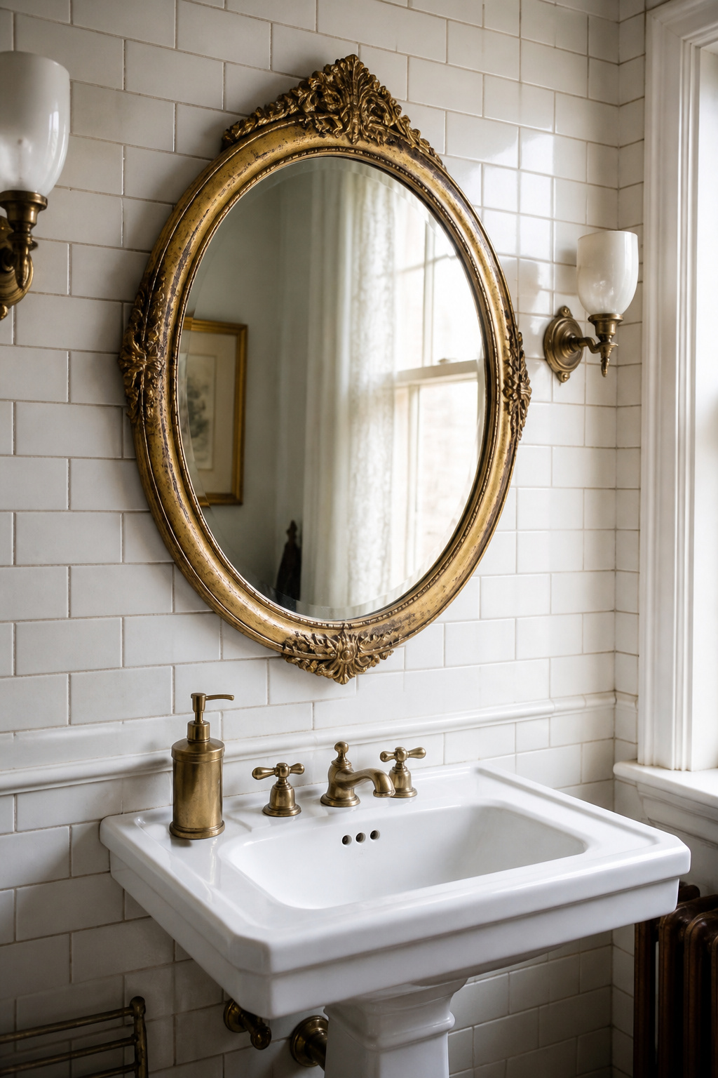 Ornate gilded oval mirror with distressed gold frame above a white pedestal sink in a vintage bathroom