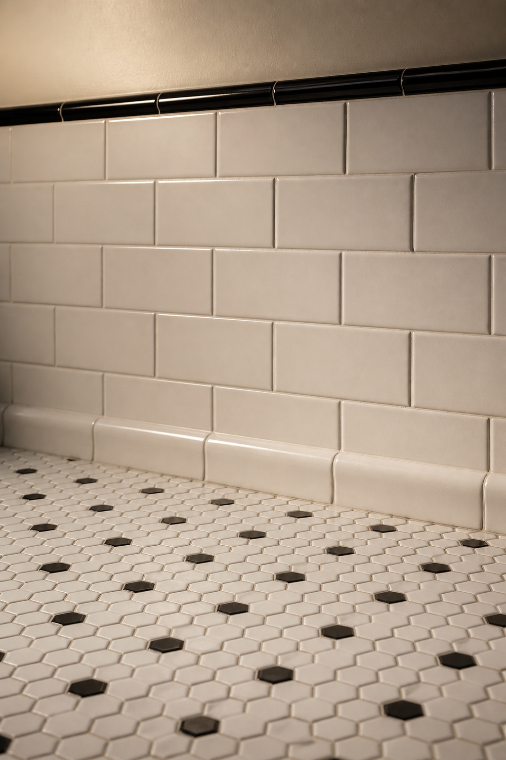 Close detail of vintage bathroom white hex floor tile with black dot accents meeting white 3x6 subway tile wainscot with black pencil border cap rail — 1920s period-accurate tile combination