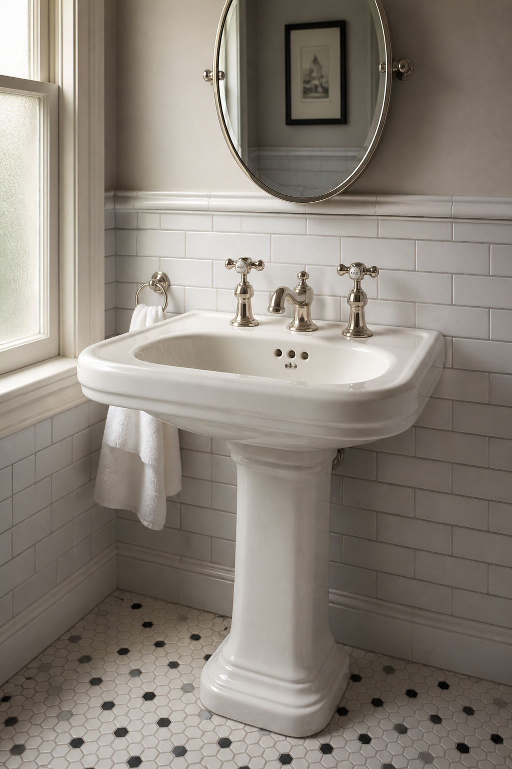 Vintage pedestal sink with cross-handle nickel faucets above white hex tile floor, set against white subway tile wainscot — period-accurate 1920s bathroom fixture detail