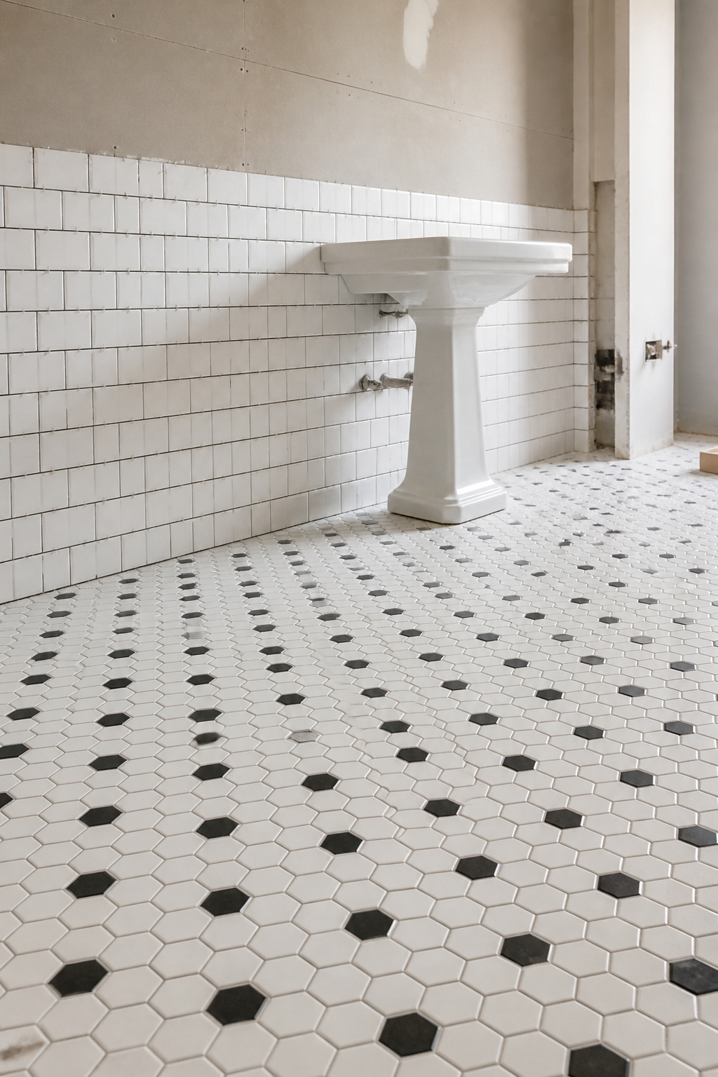 Early-stage vintage bathroom renovation showing freshly laid white hex tile floor and subway tile wainscot before grouting, with pedestal sink positioned but not yet plumbed