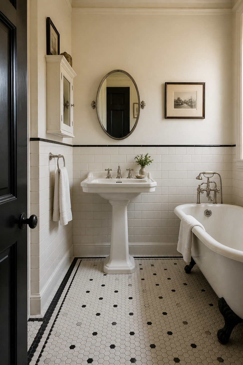 Small vintage bathroom with white pedestal sink, cross-handle nickel faucets, white hex tile floor and white subway tile wainscot in period-accurate 1920s layout