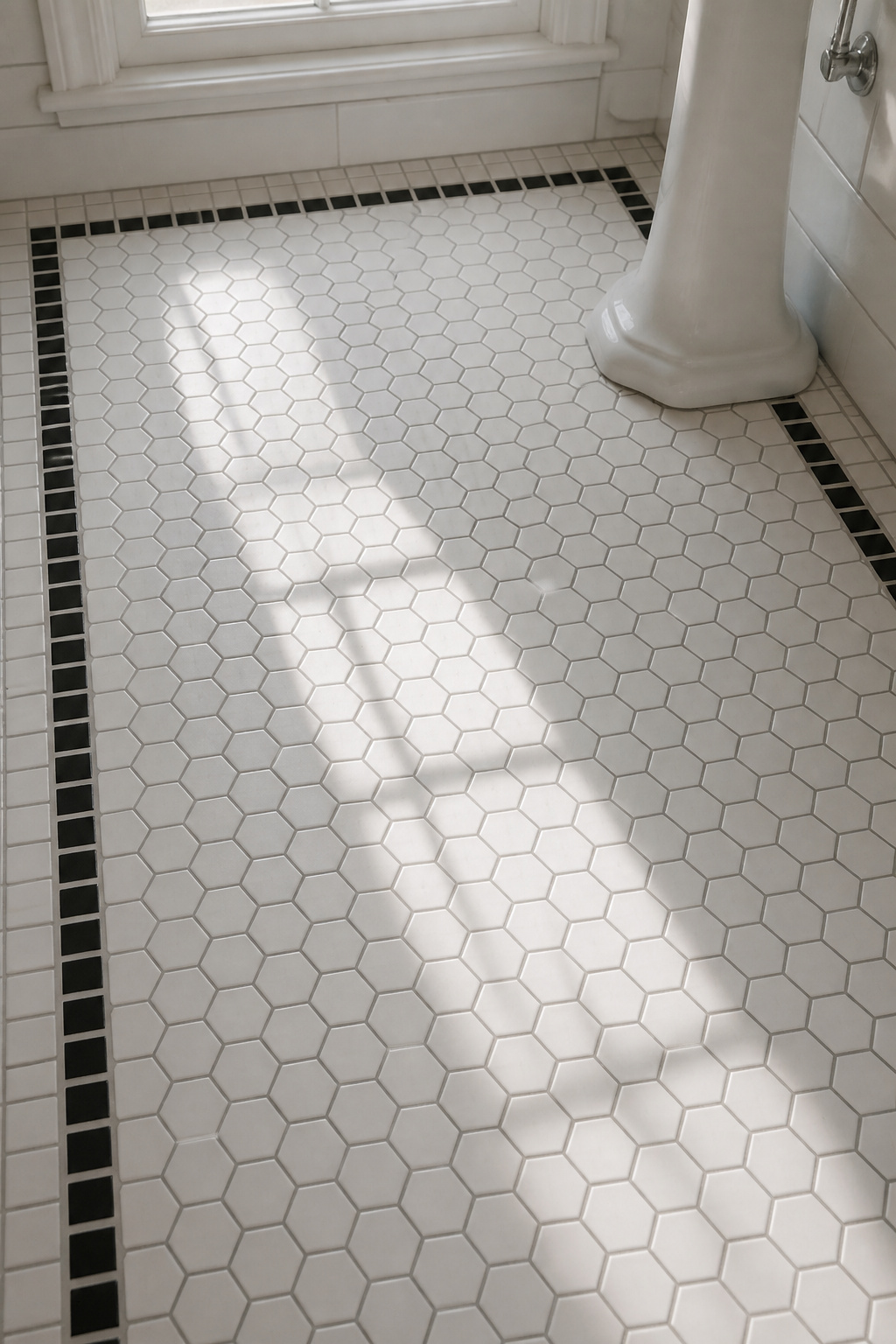 Overhead view of a period-accurate vintage bathroom floor with white 1-inch hex mosaic tiles and a black square border, grey grout lines