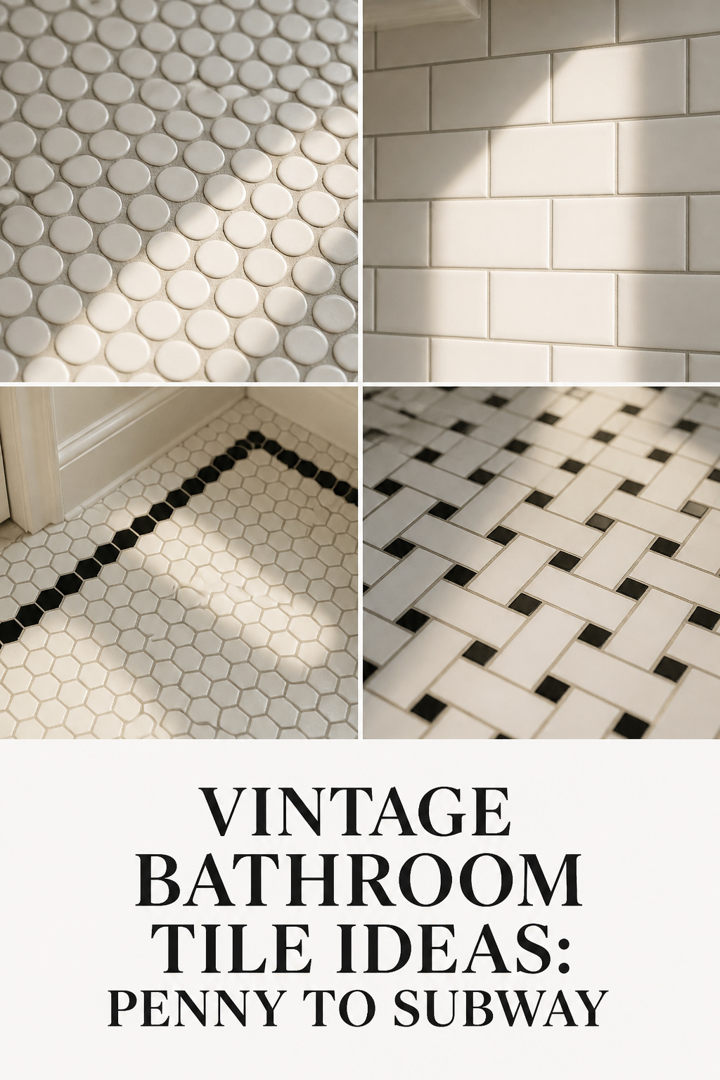 Four-panel Pinterest collage showing vintage bathroom tile patterns: penny round, subway, hex, and basketweave tile styles