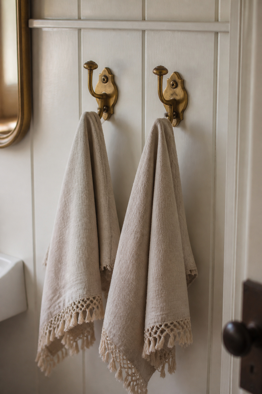 Two unlacquered brass wall hooks with early patina on white tongue-and-groove panelling, each holding a fringed natural linen hand towel