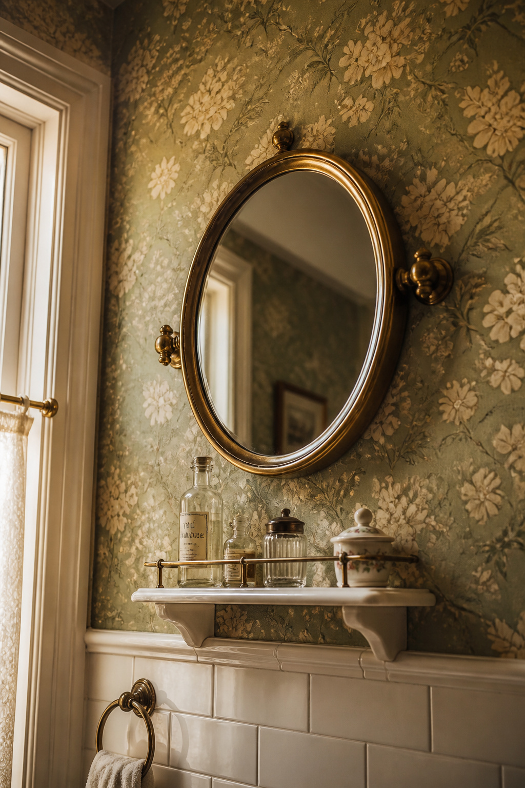 Sage green floral wallpaper with antique brass-framed mirror and glass apothecary jars in a styled vintage bathroom vignette