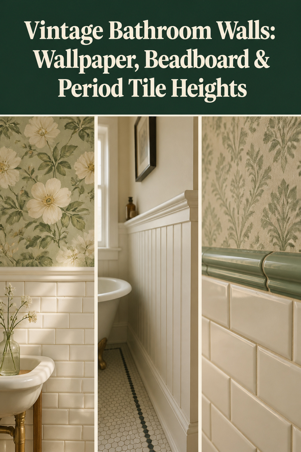 Three-panel collage of vintage bathroom wall treatments: floral wallpaper over tile, painted beadboard wainscoting, and tile border transition detail