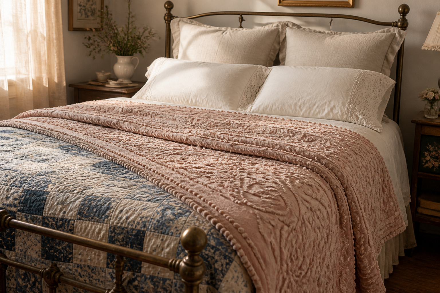 Layered vintage bed with patchwork quilt, chenille bedspread, and lace pillowcases in soft morning light