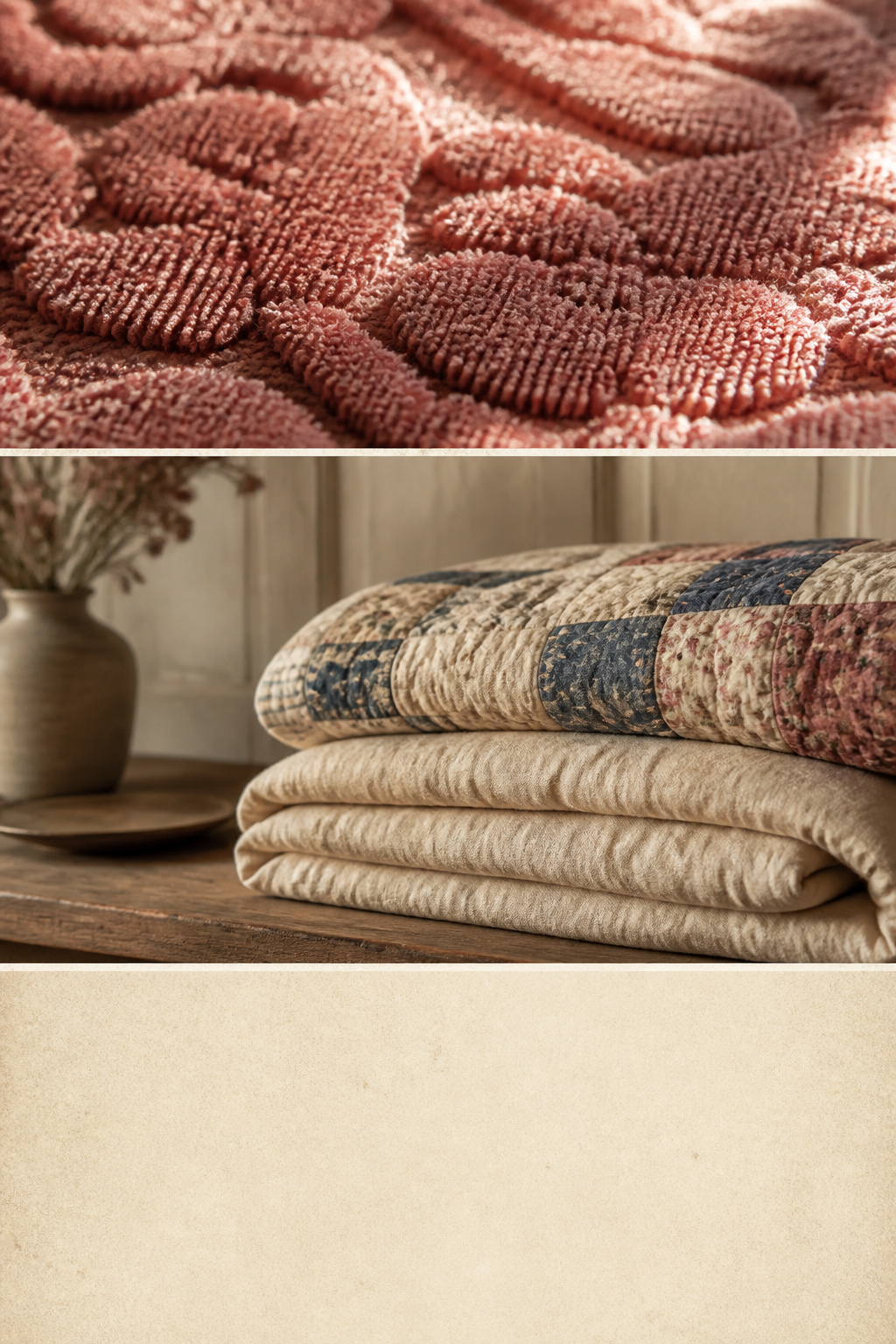 Pinterest collage of vintage bedding ideas showing chenille texture, layered quilts, and washed linen