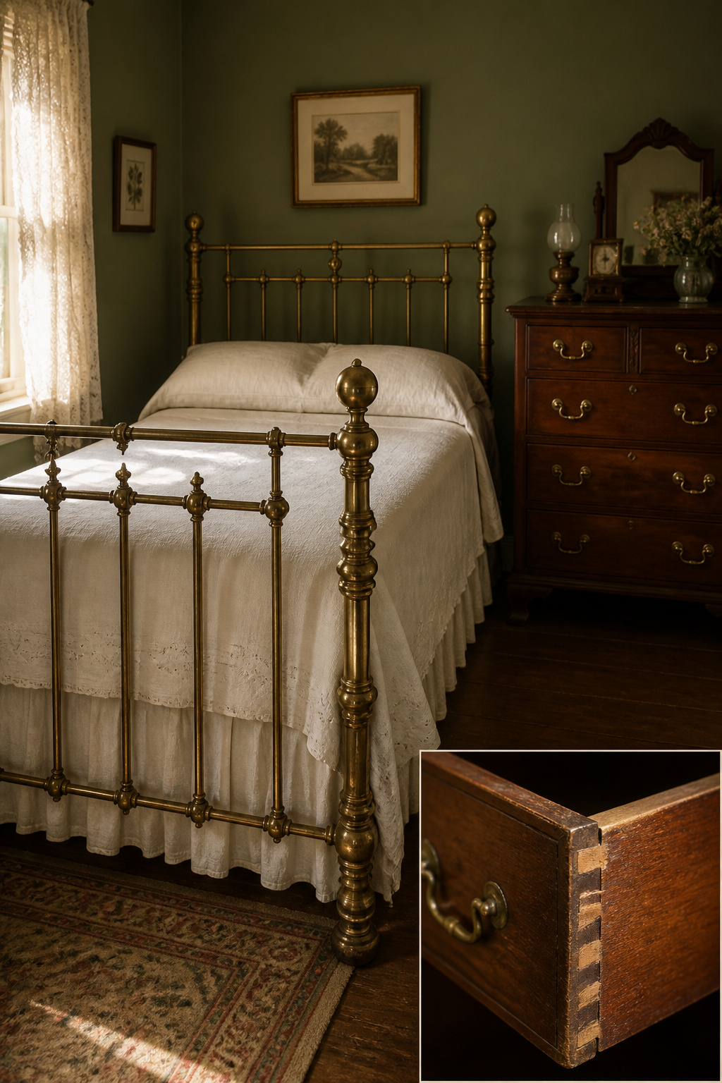 Victorian brass bed with linen against moss-green wall beside mahogany dresser, with inset detail of hand-cut dovetail joinery on an open drawer