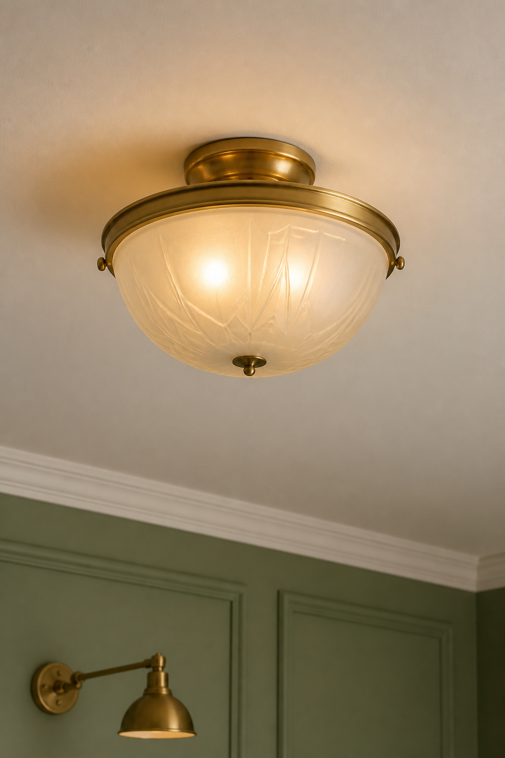 Art Deco opaline glass semi-flush ceiling light with brass ring fitting glowing warm amber in a vintage bedroom, with top of brass swing-arm sconce visible at frame bottom