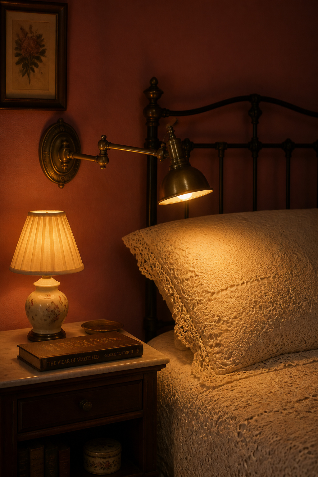 Antique brass swing-arm sconce extended over iron bed headboard with warm amber light, beside ceramic table lamp on nightstand, against dusty rose matte wall