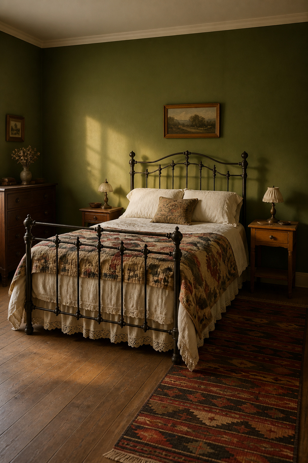 Vintage bedroom with Victorian iron bed as clear focal point, simple mismatched nightstands, walnut dresser with minimal objects, kilim runner, and moss-green walls — room with clear visual hierarchy