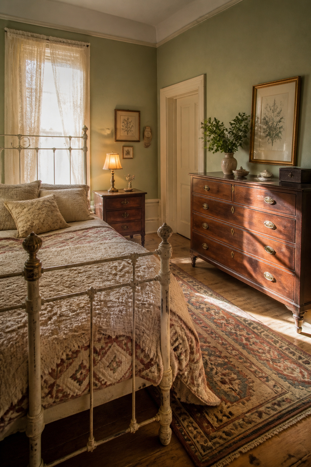 Vintage bedroom with Victorian iron bed, layered quilt and chenille textiles, walnut dresser with brass hardware, moss-green walls and warm afternoon light