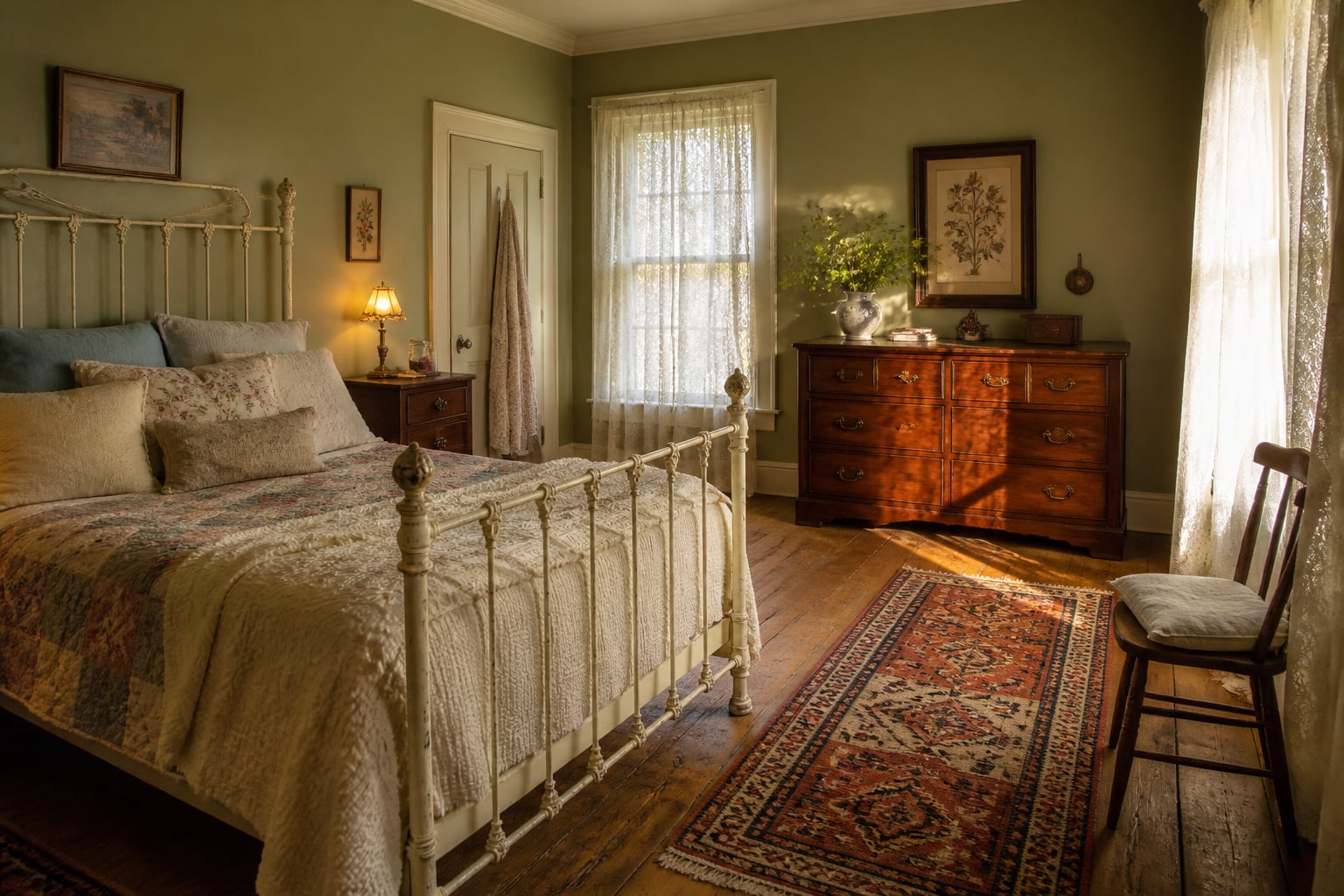 Vintage bedroom with Victorian iron bed, layered quilt and chenille textiles, walnut dresser with brass hardware, moss-green walls and warm afternoon light