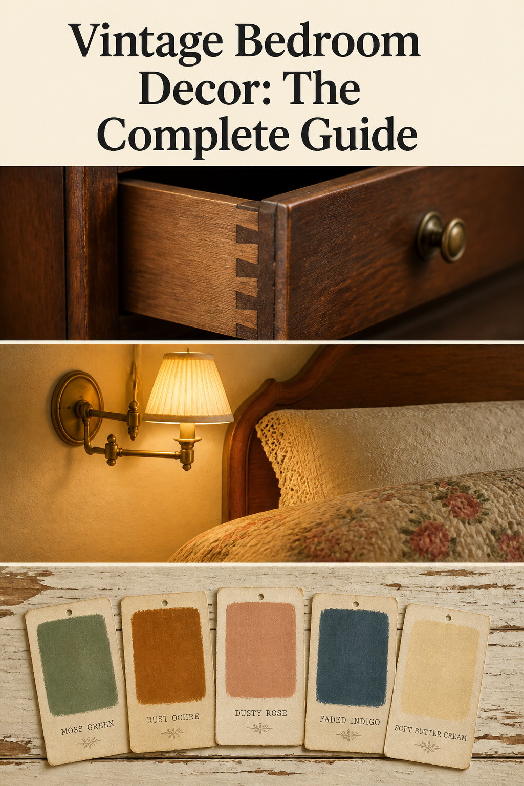 Vintage bedroom decor Pinterest guide collage showing dovetail joinery, brass swing-arm sconce with lace bedding, and heritage paint swatches in moss green, rust, and dusty rose